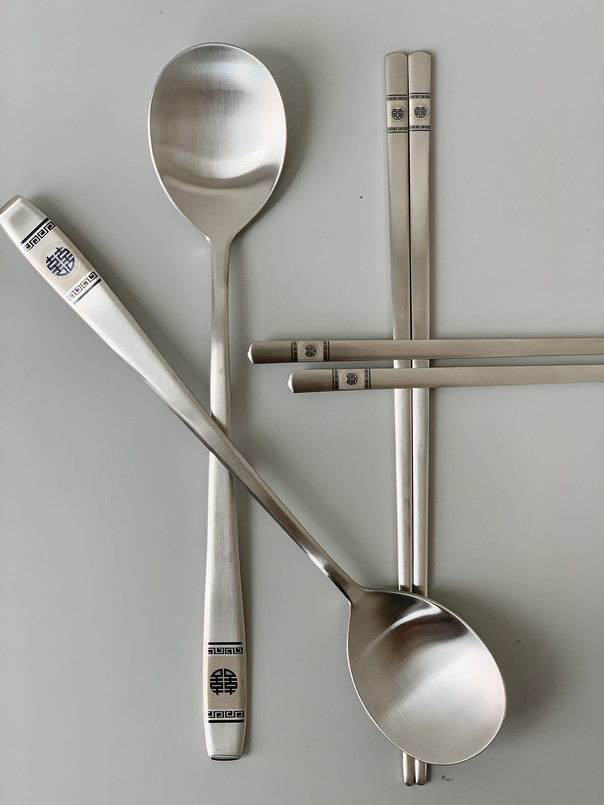 Korean Made Silver Color Cutlery Spoon Chopsticks 18-10 Stainless Steel Printed Traditional Pattern_2 SET