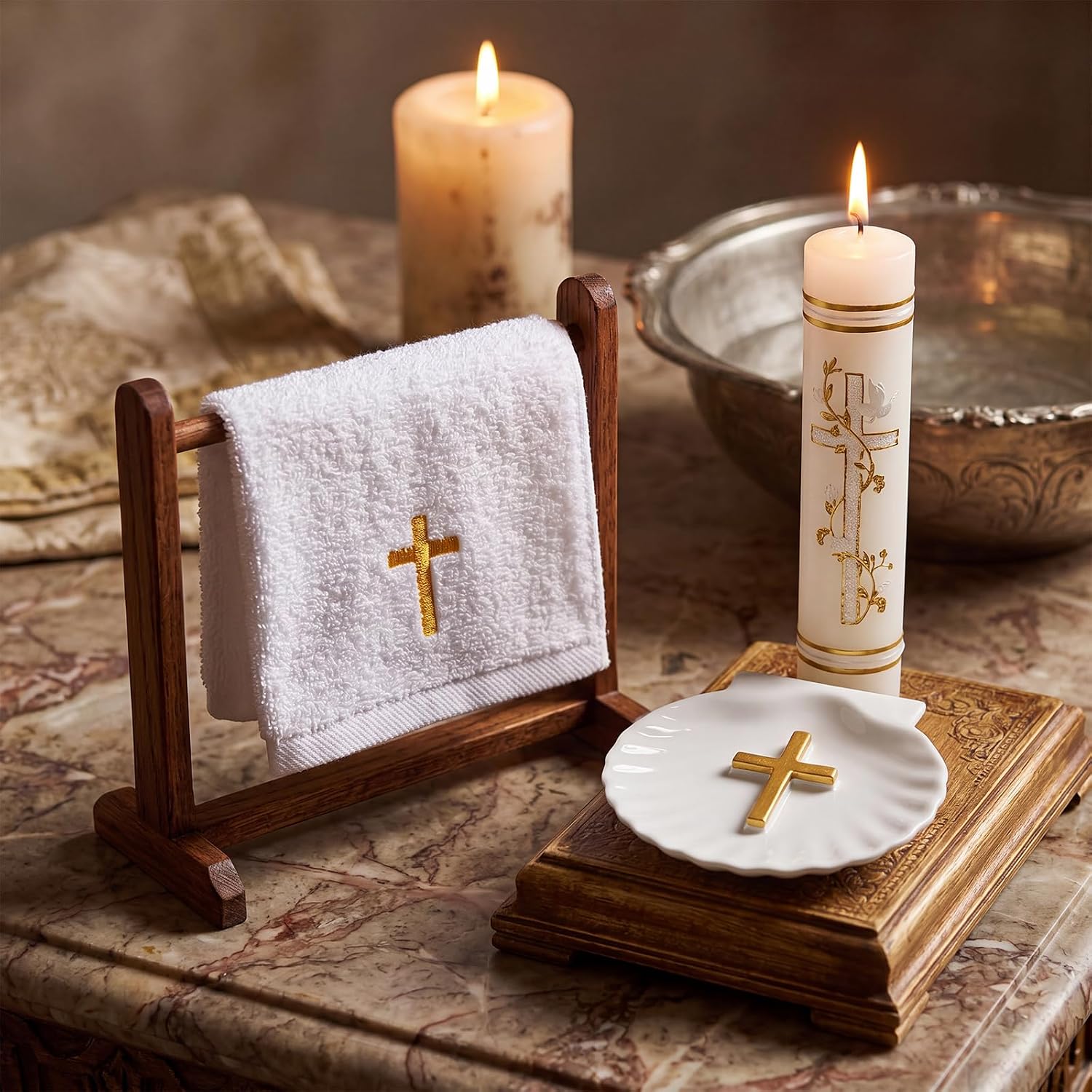 Lyrow Baptism Candle Set Complete Christening Gift Kit with Shell, Candle & Towel, White Gold Communion for Baptism, First Holy Communion, Catholic Sacraments (Simple)