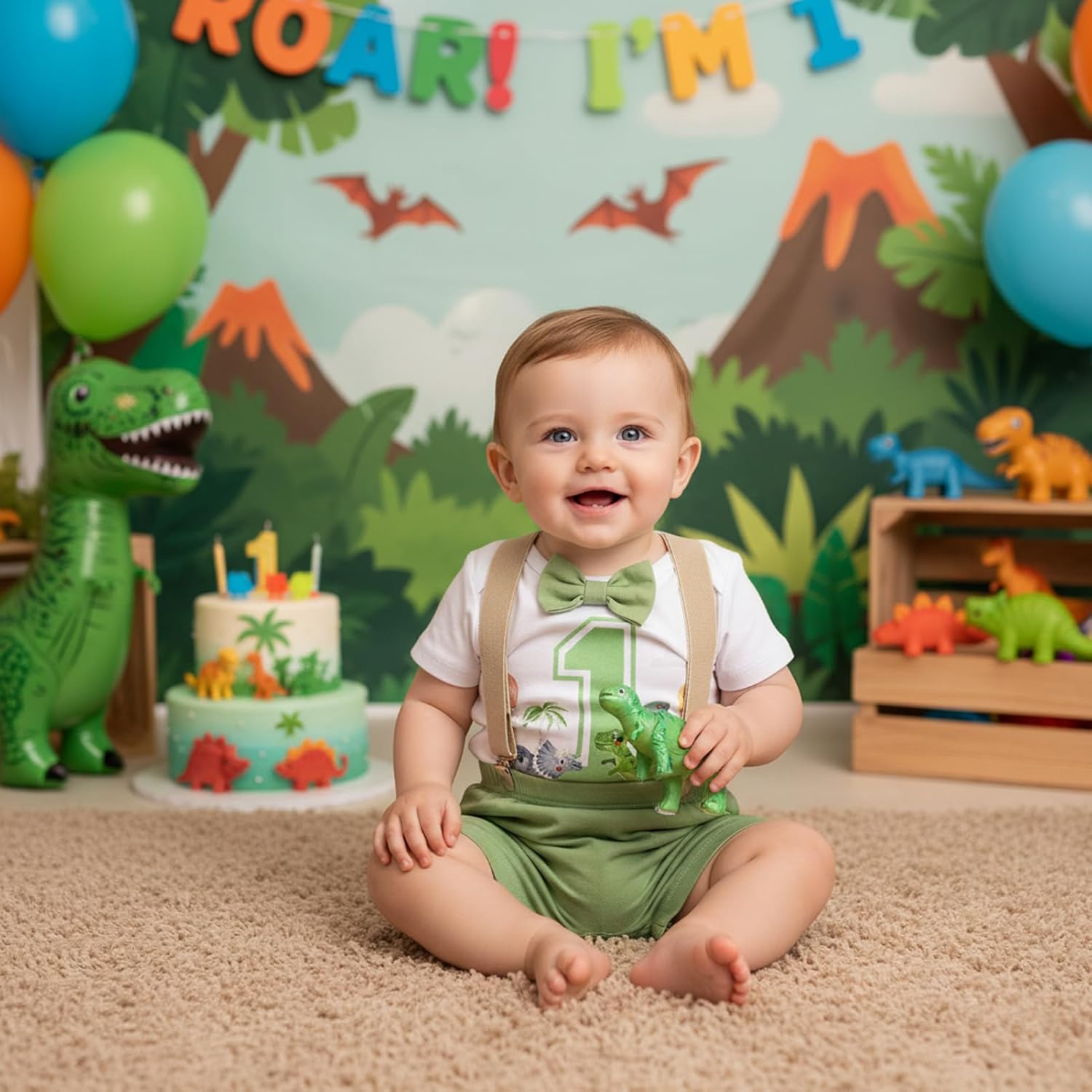 Baby Boys 1st Birthday Cake Smash Outfit Short Sleeve Bodysuit Bloomers Adjustable Y Back Suspenders Clothes Set - Image 2