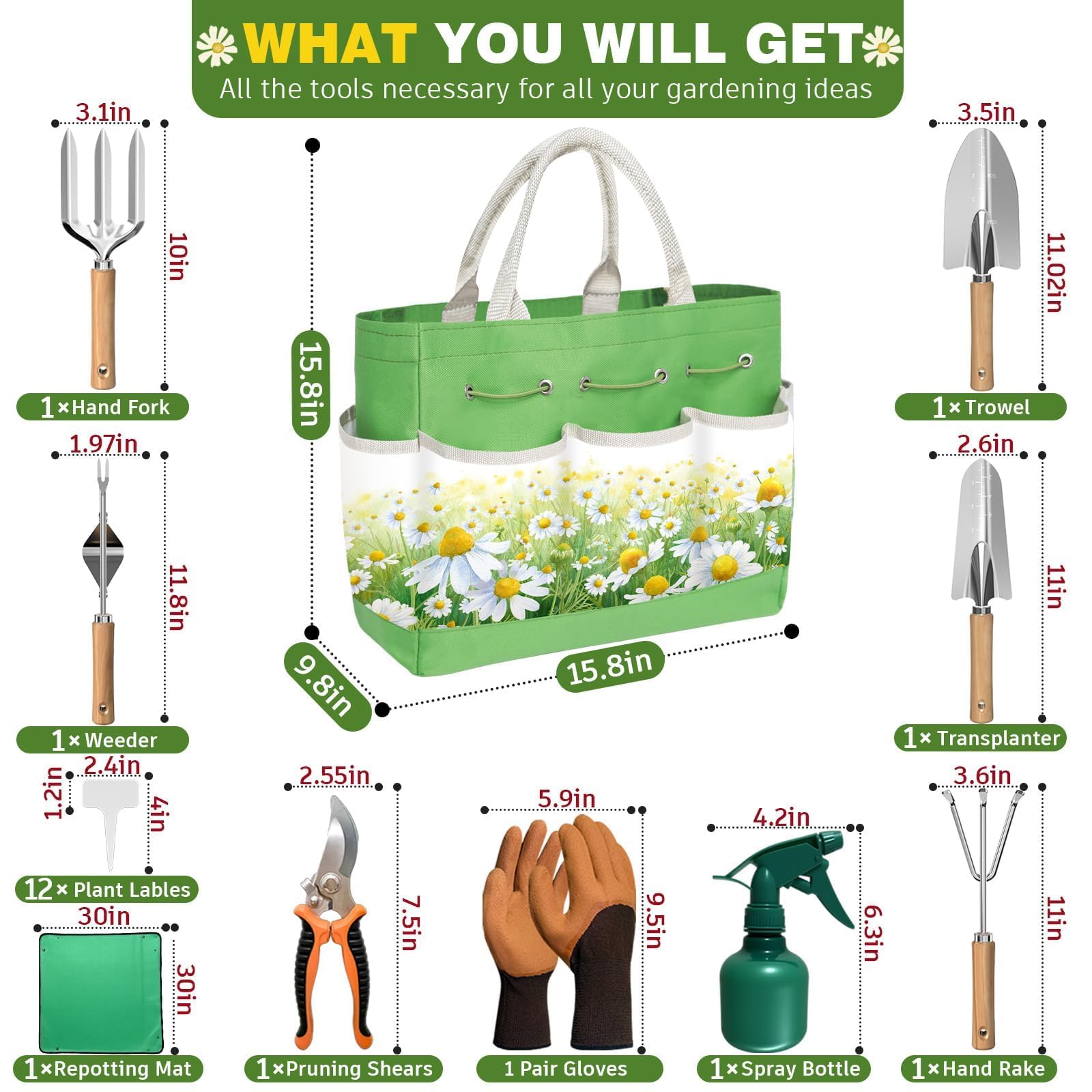 22Pcs Garden Tools Set for Women,Heavy Duty Hand Tool Kit,Gifts for Mothers Day Mom Beginner Gardening Essentials with Large Tote Bag/Repotting Mat/Trowel/Rake/Pruner/Gloves/Plant Tags-: Black