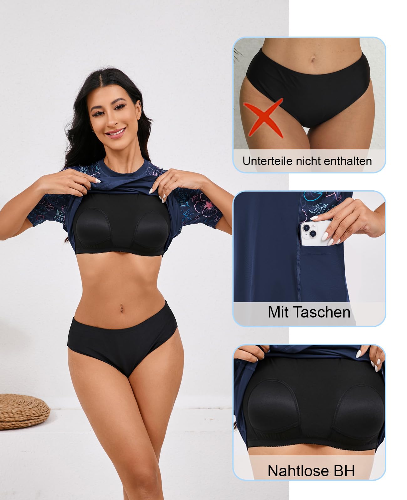 Halcurt UV Shirt Damen mit BH und Tasche Rash Guard Kurzarm UPF 50+ Badeshirt UV Schutz Schwimmshirt Schnell Trocknender Bademode Schwimmen S-XXL