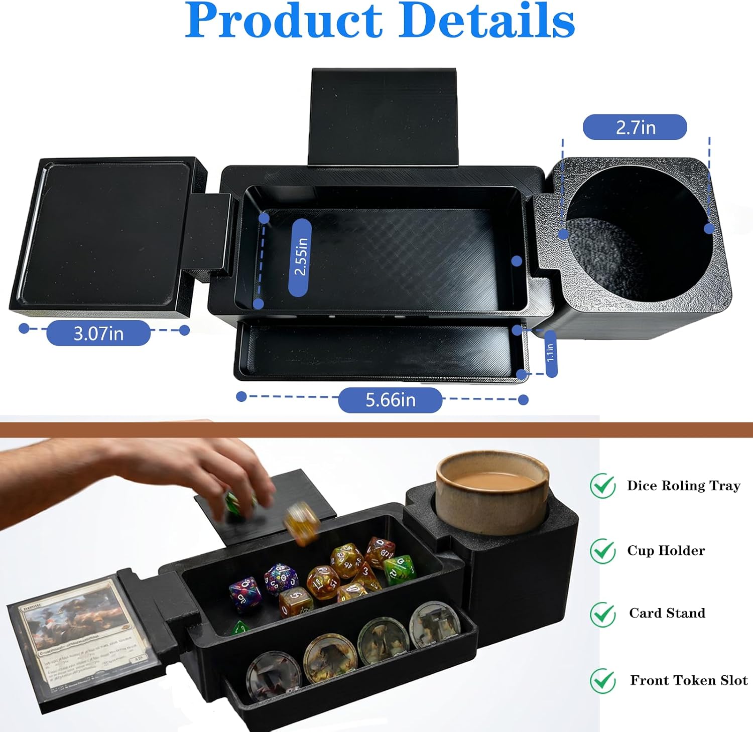 Desk Clamp Dice Tray, Table Edge Gaming Organizer Fits 0.19" - 2.16" Tables | Space Saving Board Game Accessory with Drink Slot & Card Deck Stand for MTG/DND/RPG, Daily Desk Storage Station.