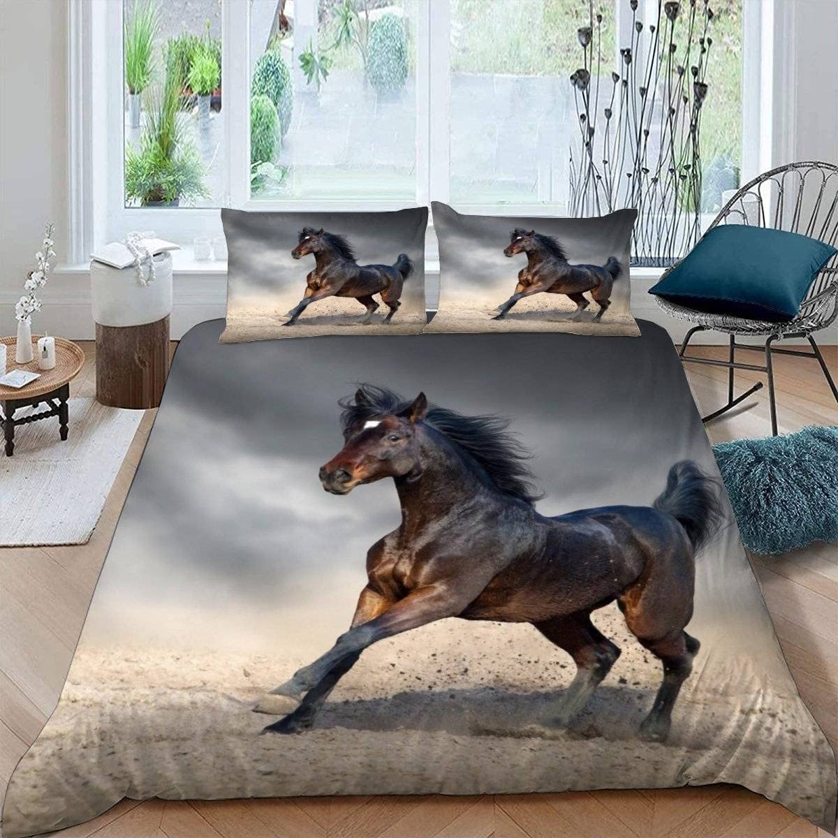 RFFLUX 3D Horse King size Bedding Sets 3 Pieces 220x230 Ultra Soft Microfiber Gallop Horse Duvet Cover with Zipper Closure Easy Care Quilt Cover with 2 Pillowcase for Adults Room Decor