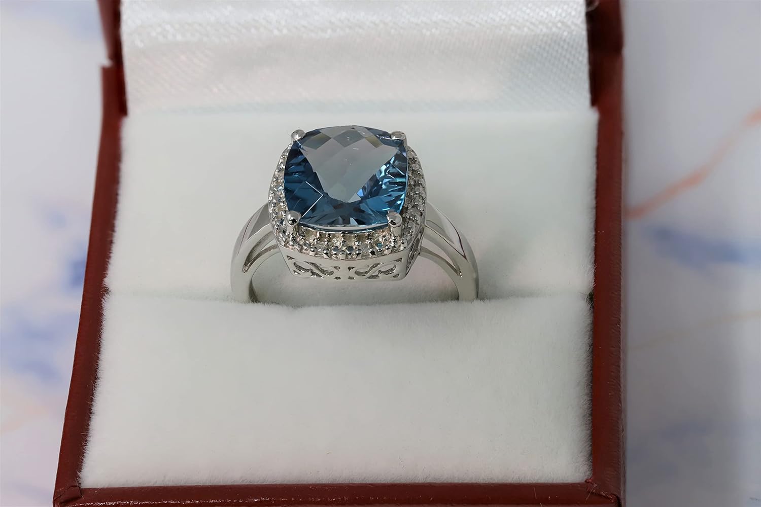 925 Sterling Silver Genuine London Blue Topaz Cushion Diamond Ring size 6 - Image 3