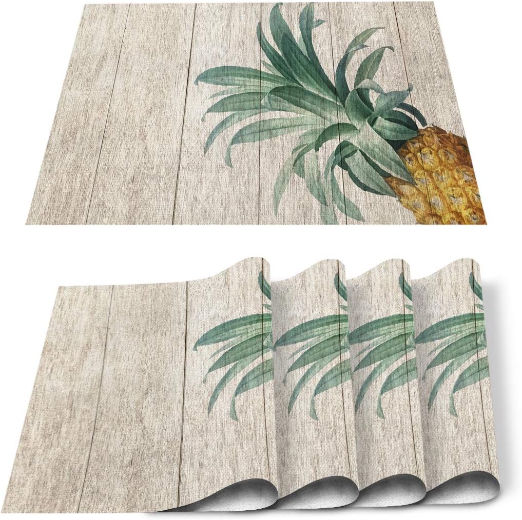 AnoreyaExotic Fruit Place Mats 12x18 inch 4 Pieces, Non-Slip Rectangle Table Mats Perfect for Indoor Outdoor Holday Decor Retro Pineapple Wooden Board