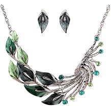 YAZILIND Ethnic Style Tibetan Silver Peacock Crystal Chunky Bib Earrings Necklace Set Wedding Party