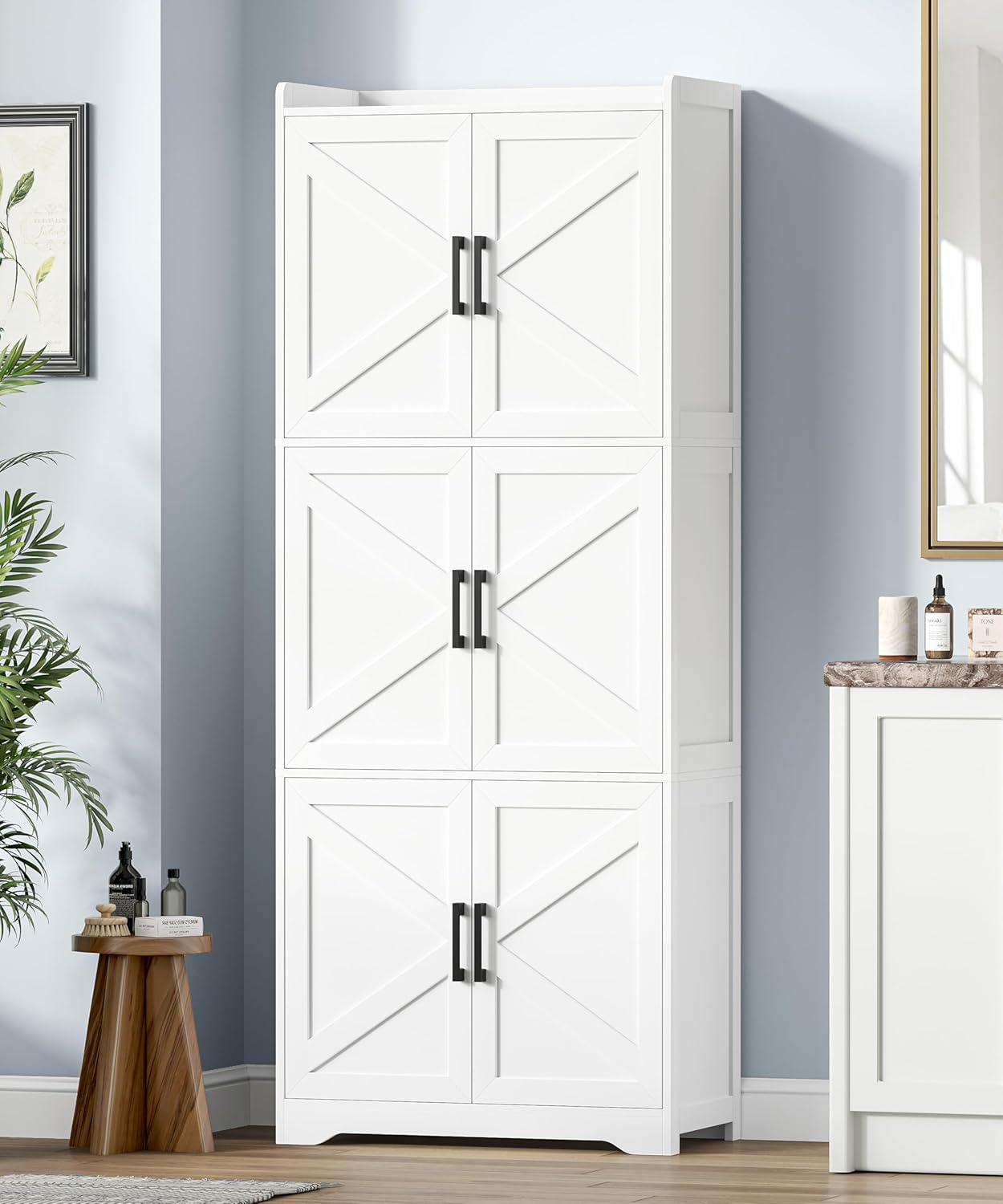 Tall Bathroom Storage Cabinet, Bathroom Floor Cabinet with 6 Barn Doors, 11.6''D x 22.6''W x 60.2''H, Adjustable Shelves, Linen Pantry Cabinet, for Kitchen Living Room, Entryway, White
