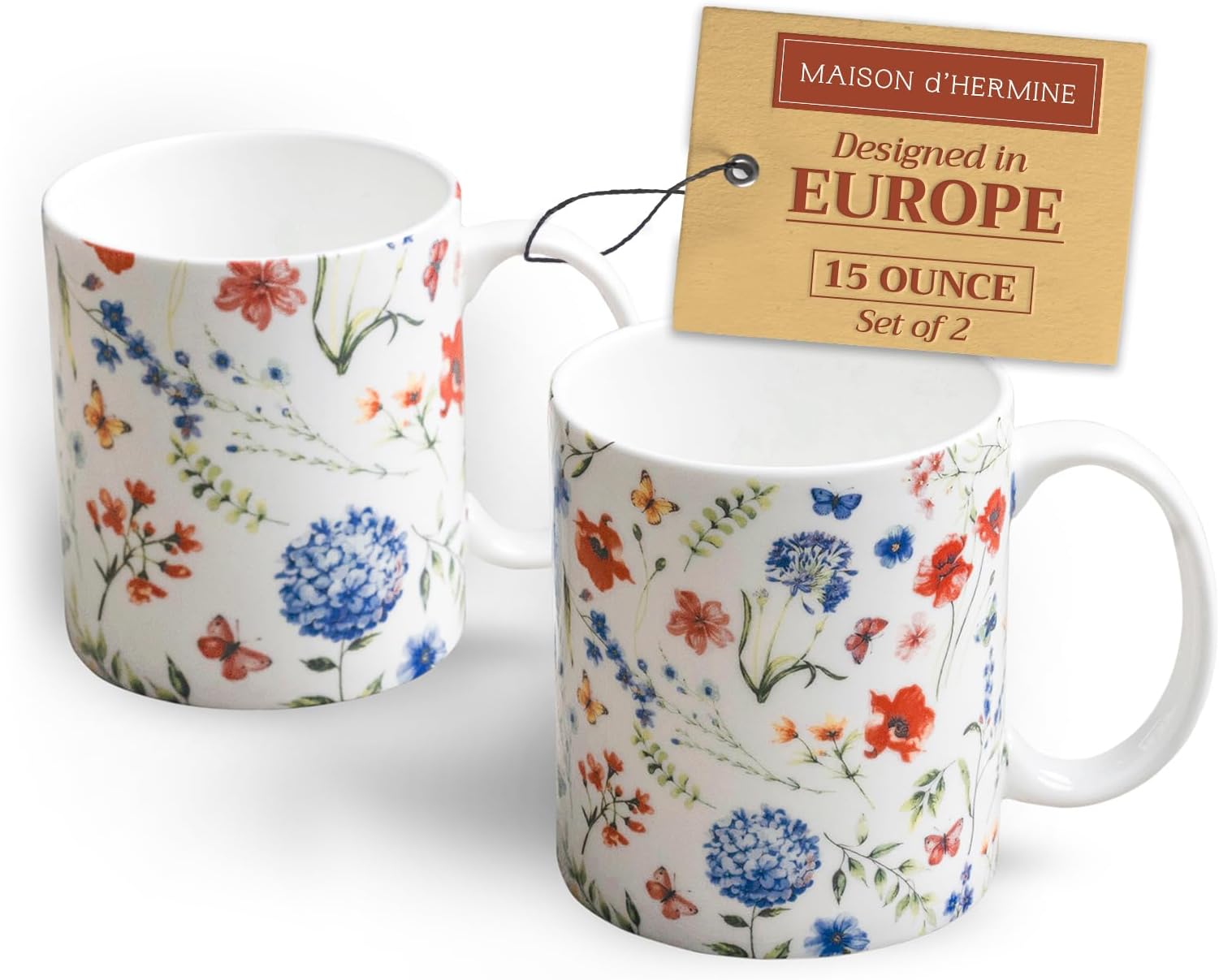 Maison d' Hermine Coffee Mug with Handles Fine Bone China Pack of Two Coffee Mug for Hot Beverages Cappuccino Latte Home Restaurant Perfect for Men & Women (Just Floral, 15 Ounce)