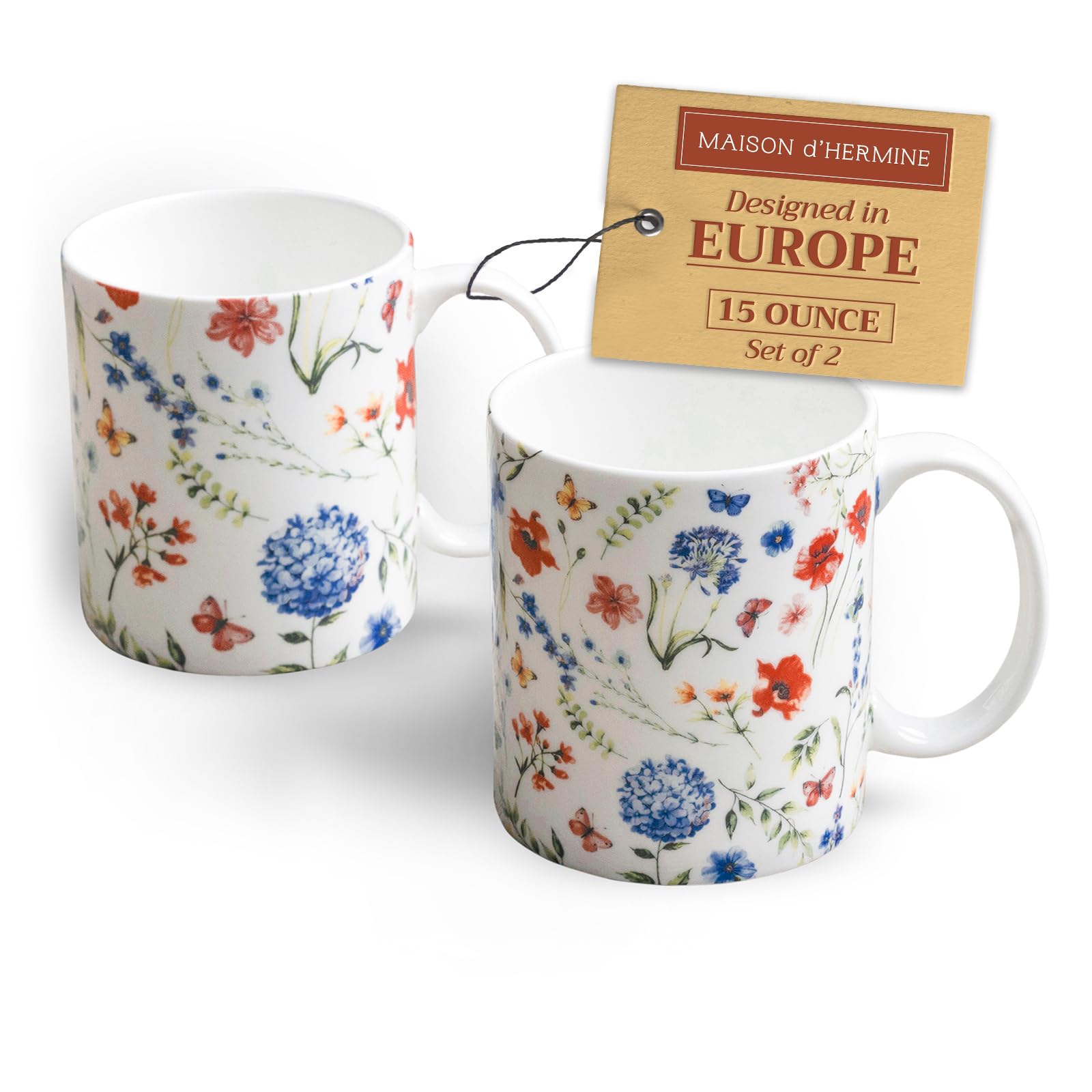 Maison d' Hermine Coffee Mug with Handles Fine Bone China Pack of Two Coffee Mug for Hot Beverages Cappuccino Latte Home Restaurant Perfect for Men & Women (Just Floral, 15 Ounce)