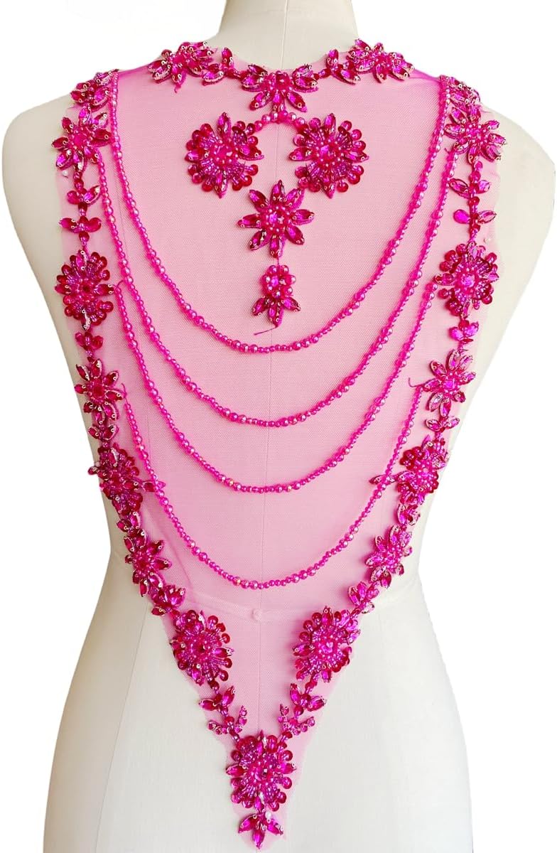 Handmade Rhinestone lace Applique Sewing Shining Beads Stones Trim Crystal Fringe Patches for Dress Clothes Back Accessories 10X21in (Champagne)