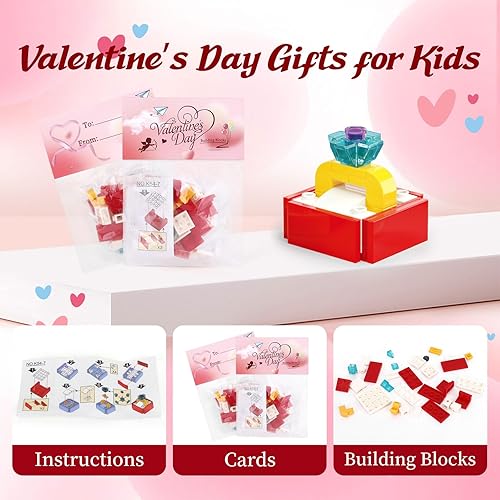 Miniatura 3 de Paquete de 24 bloques de construcción de flores de corazón rosa, regalos para el día de San Valentín para niños, regalos para el día de San Valentín
