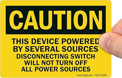 SmartSign 3.5 x 5 inch “Caution - This Device Powered by Several Sources†OSHA Sticker Label, 3 mil Laminated Adhesive Polyester, Black and Yellow