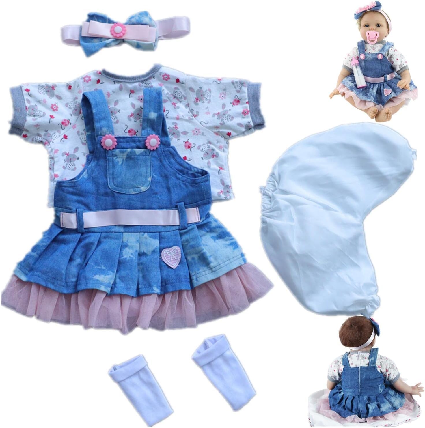 Scnbom bambole reborn vestiti per 45-60cm silicone bambola femmina vere toddler originali bambolotti maschio parti (Gonna blu 5pcs Set)