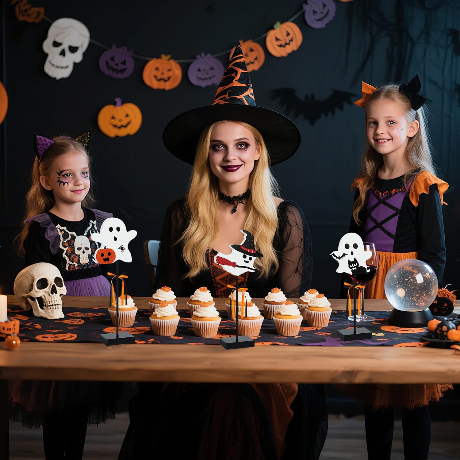 3 Pcs Halloween Wooden Table Decor Wooden Ghost Sign Set Tiered Tray Tall Standing Centerpieces for Home Party Indoor Decor