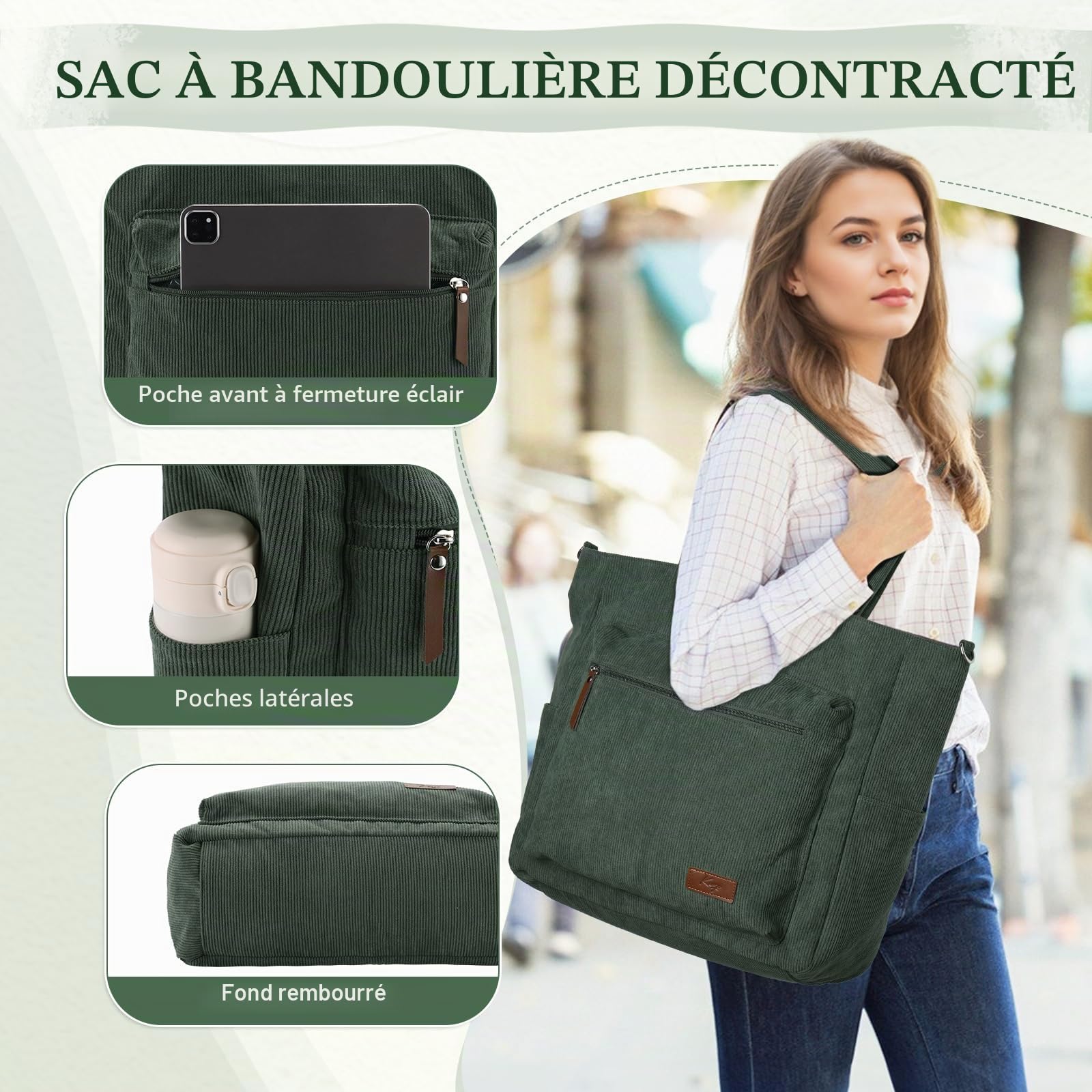 Grand Cabas Femme Velours Côtelé, Léger Sac Fourre Tout Zippé 15,6 Pouces Poches Multiples avec Bandoulière Amovible pour Travail École Voyage Gym