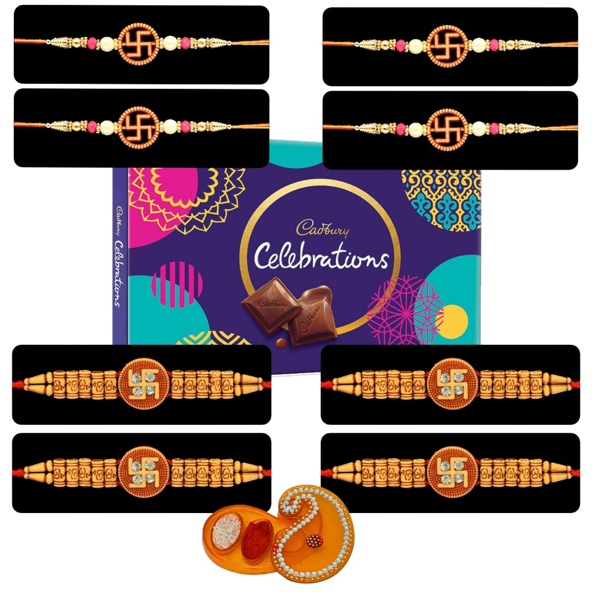 Saugat Traders Swastik Rakhi Set of 8 - Rakhi for Brother with Chocolate Pack | Om Rakhi with Roli Chawal Chopra - Religious Rakhis - Rakshabandhan Gift Combo (B0DBLD1TVV) Amazon Price History, Amazon Price Tracker