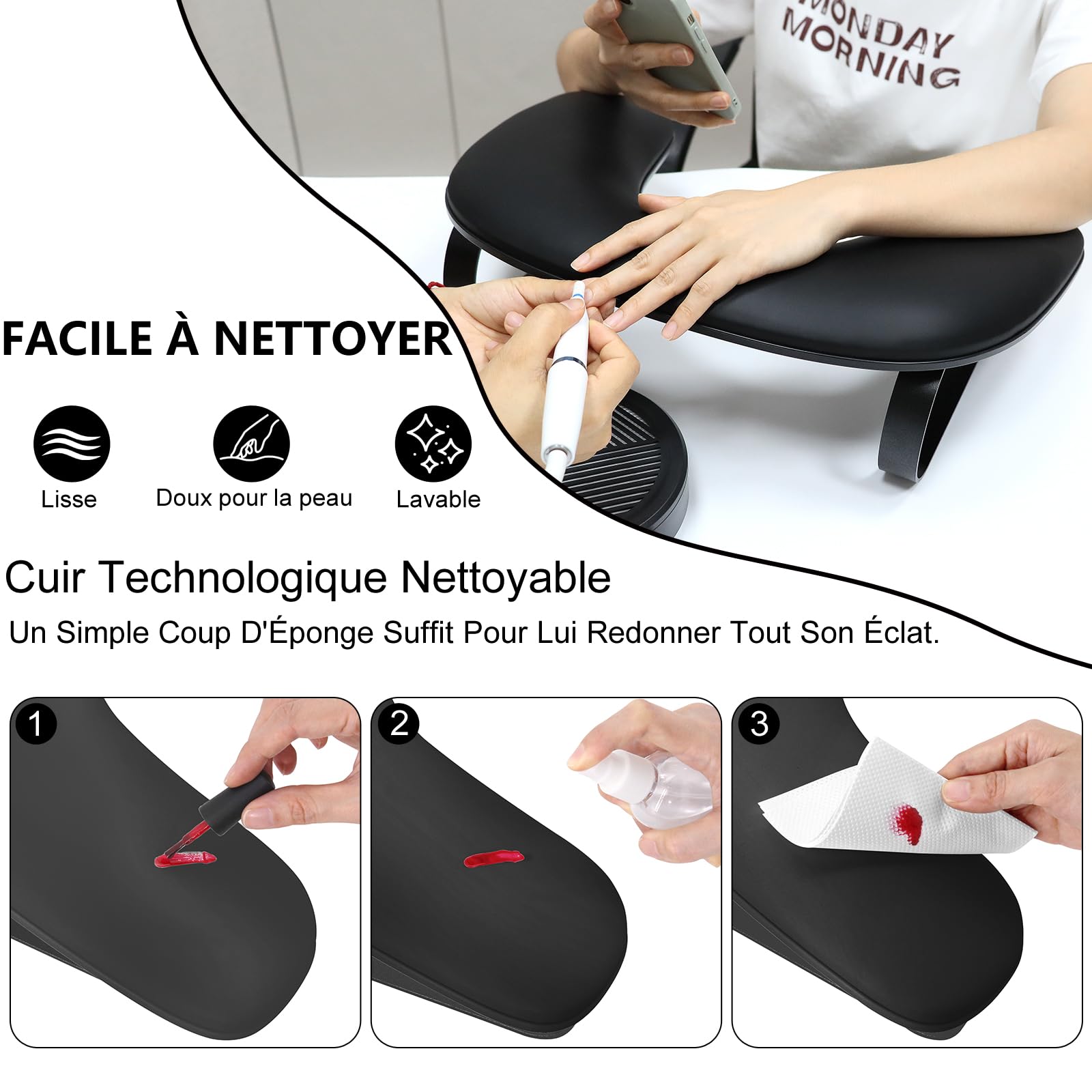 Repose Main Ongle,Cuir Nettoyable Coussin Manucure Repose Main,Forme du U Repose Main Manucure avec Support en Alliage d'aluminium,Convient pour les Magasins de Manucure