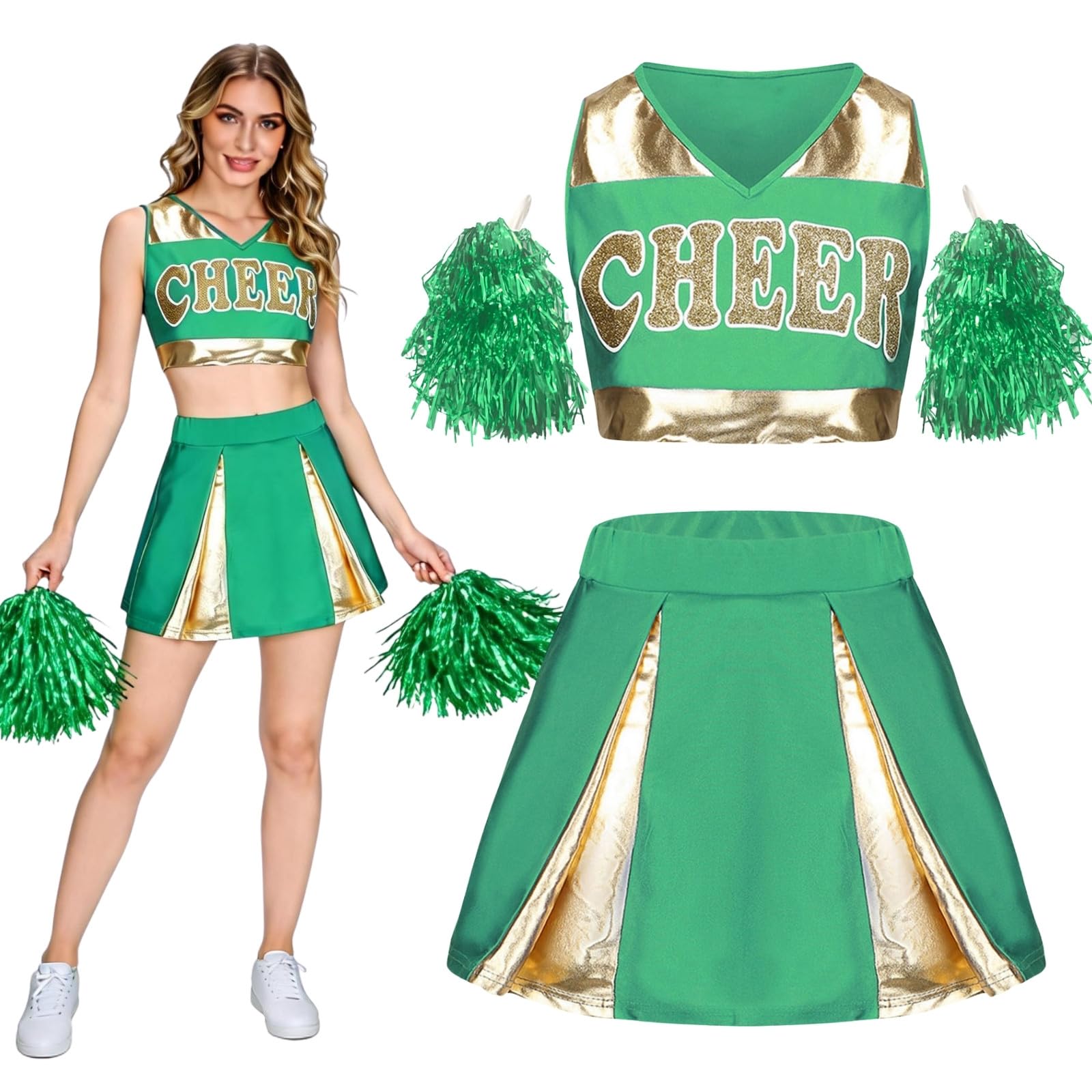maxToonrain Women Cheerleader Costume with Shiny Gold Accents 3 PCS Adults Cheerleader Outfit with Pom Poms, Top, Skirt for 2026 High School Musical Events Halloween (Green,S)