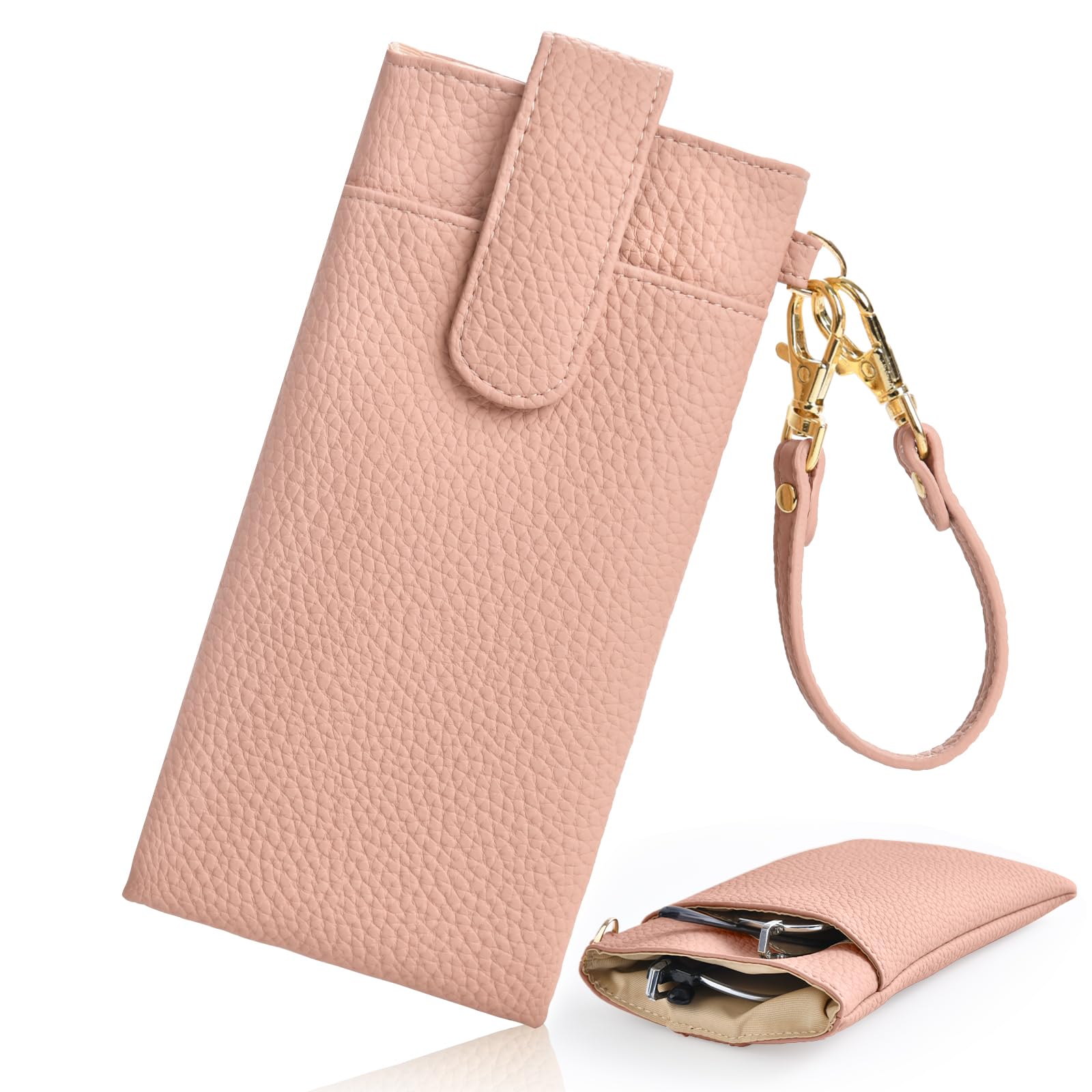 [Ganve] メガネケース 2本収納 持ち運び コンパクト ソフト 合皮革 メガネケース レディース【マグネット開閉】 おしゃれ 眼鏡ケース 薄型 サングラスケース 御洒落 レザー 軽量 メガネポーチ ストラップ付き (アプリコットピンク)