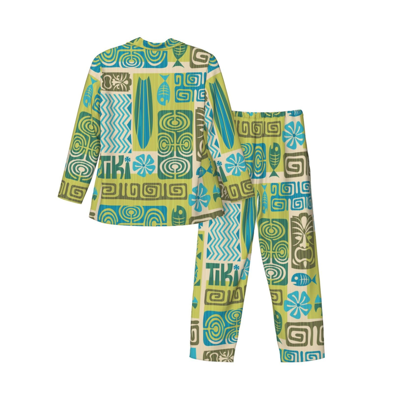 Herren-Pyjama-Set mit exotischem Tiki-Muster 1, weicher langärmeliger Schlafanzug für leichte Knöpfe