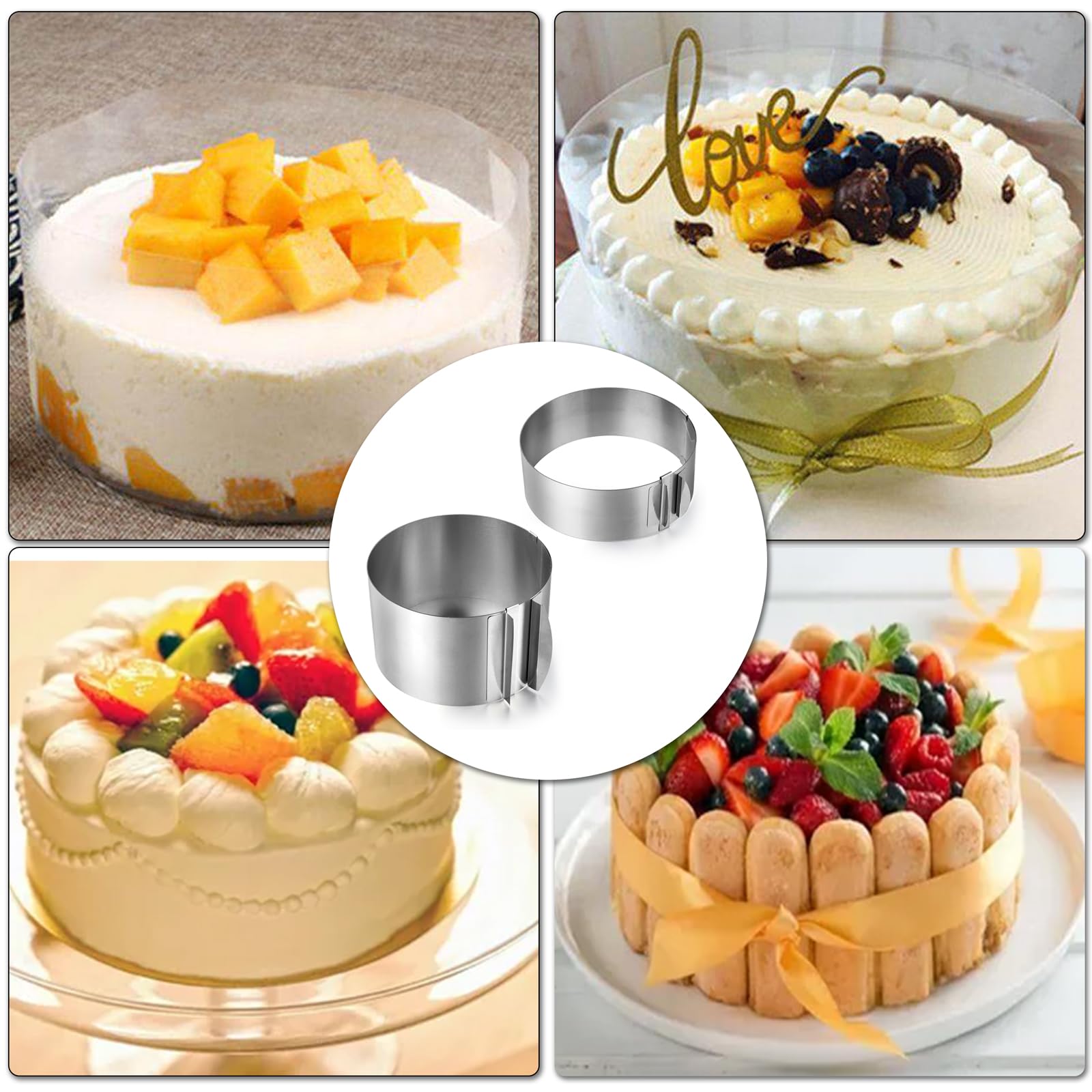 Lot de 2 moules à gâteau ronds réglables de 15,2 à 30,5 cm en acier inoxydable - Anneaux de cuisson ronds pour pâtisserie