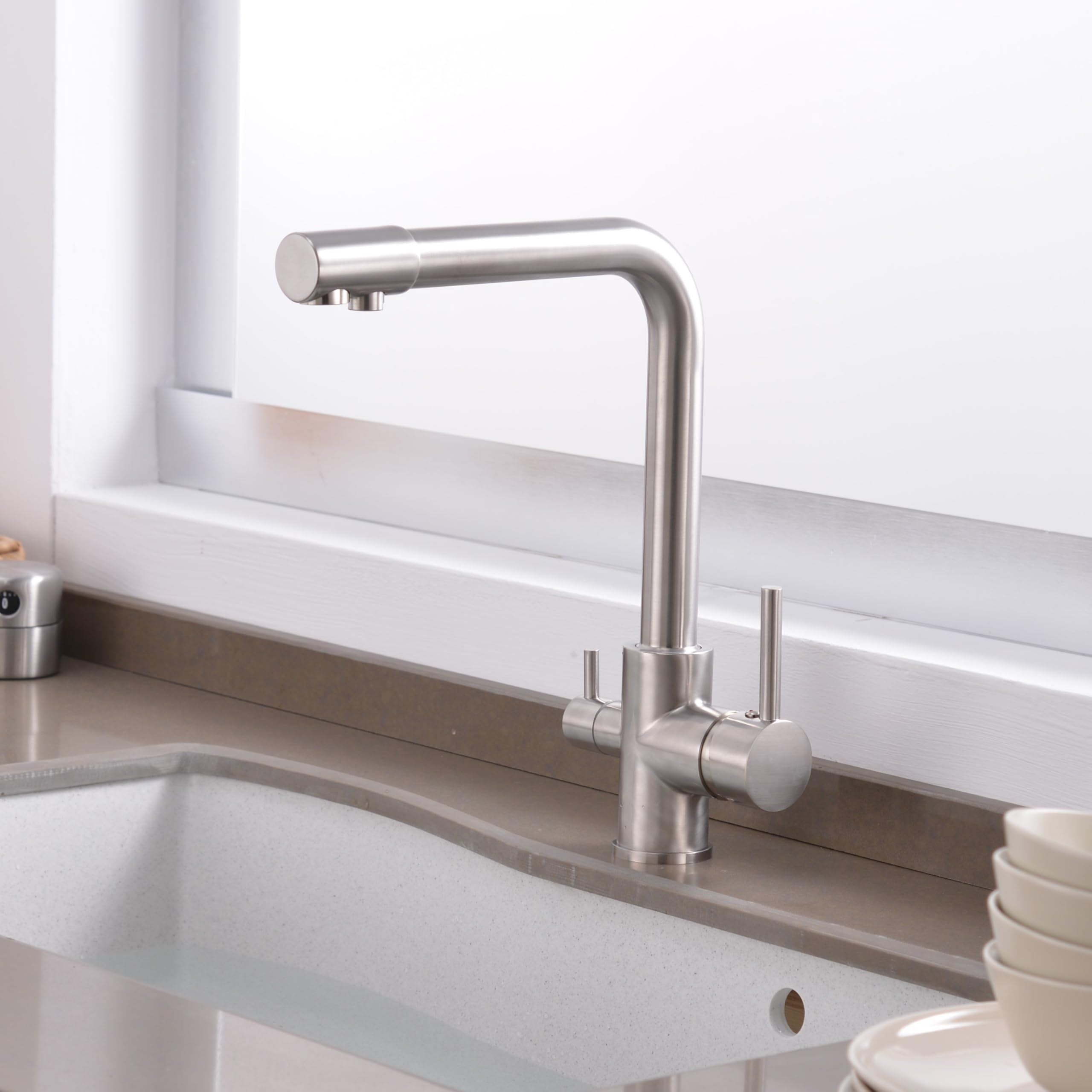 B Backline Brass Kitchen mixer tap with RO Drinking water outlet | Double lever faucet for kitchen sink | Sink Tap with 360° Spout Rotation | Hot & Cold Kitchen Sink Faucet (Brushed Nickel) (B0D8PV3QZP) Amazon Price History, Amazon Price Tracker