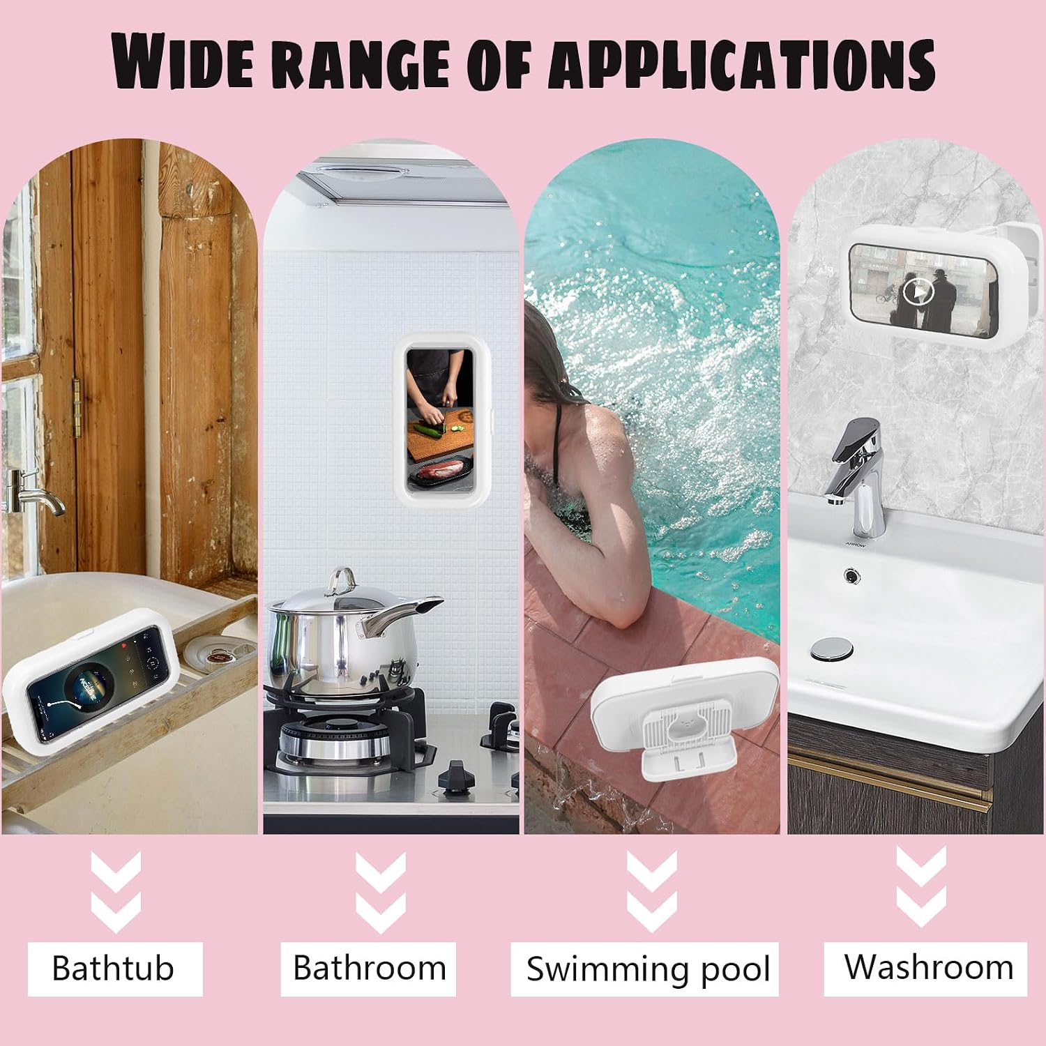 LELE LIFE 480° Rotation Shower Phone Holder Waterproof with Touch Screen, Adjustable Wall Mount Shower Phone Case for Bathroom Bathtub Kitchen, Up to 7" Cell Phone (White)