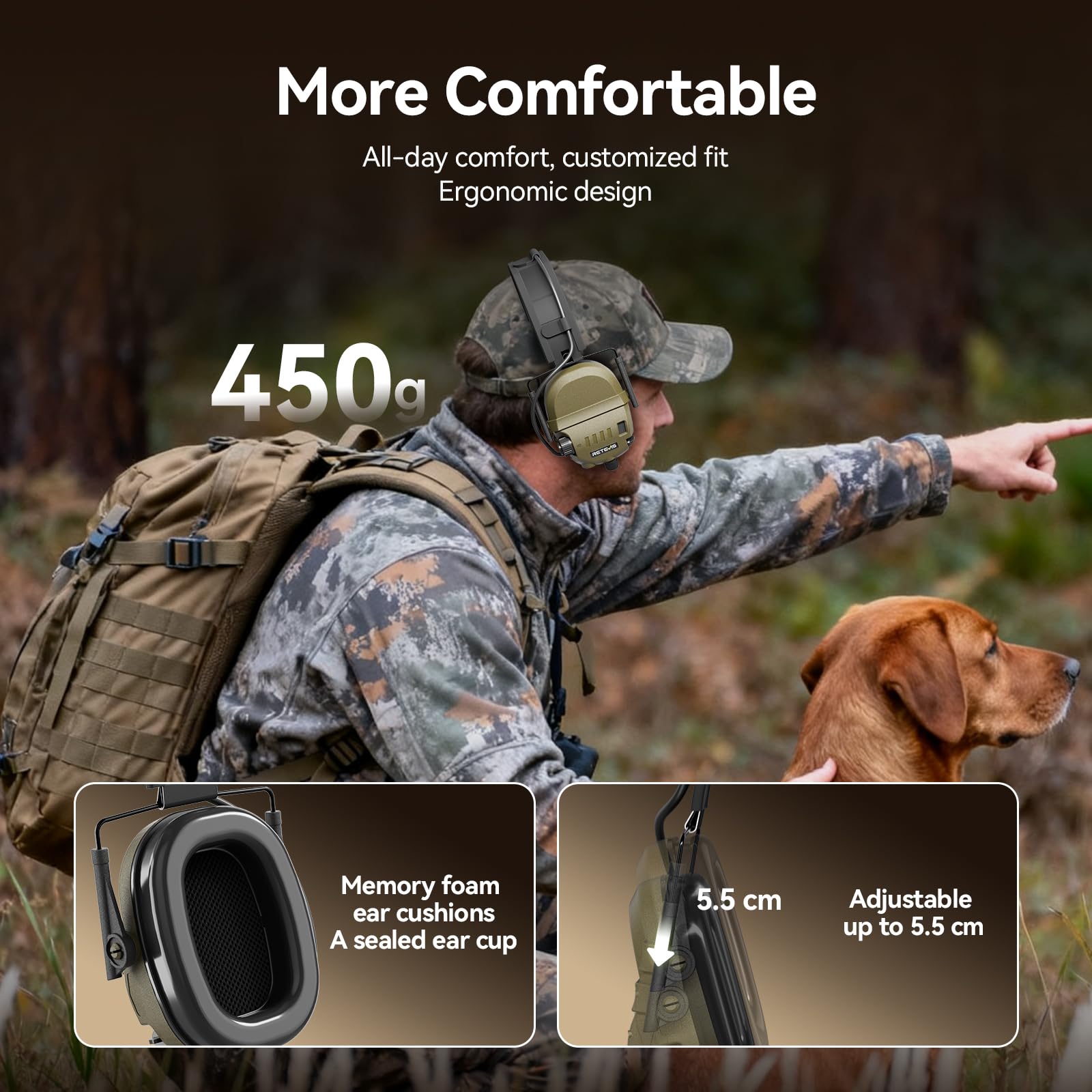 Retevis EH080K Taktisches Headset, Elektronisches Headset mit Geräuschunterdrückung und Tonaufnahme für die Jagd, Kabelloses Komfortables Kompatibel mit RT24, RT27, H777, RA89, RT85, RT86 (1 Stück)