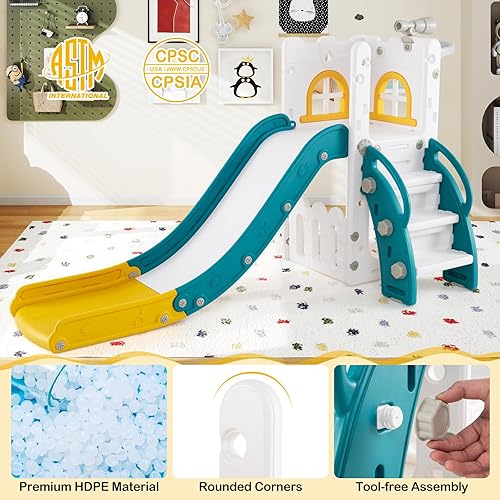 Miniatura 6 de BABY JOY Tobogán para niños pequeños, juego de tobogán 6 en 1 para interiores con aro de baloncesto, telescopio, escalera de escalada y espacio de