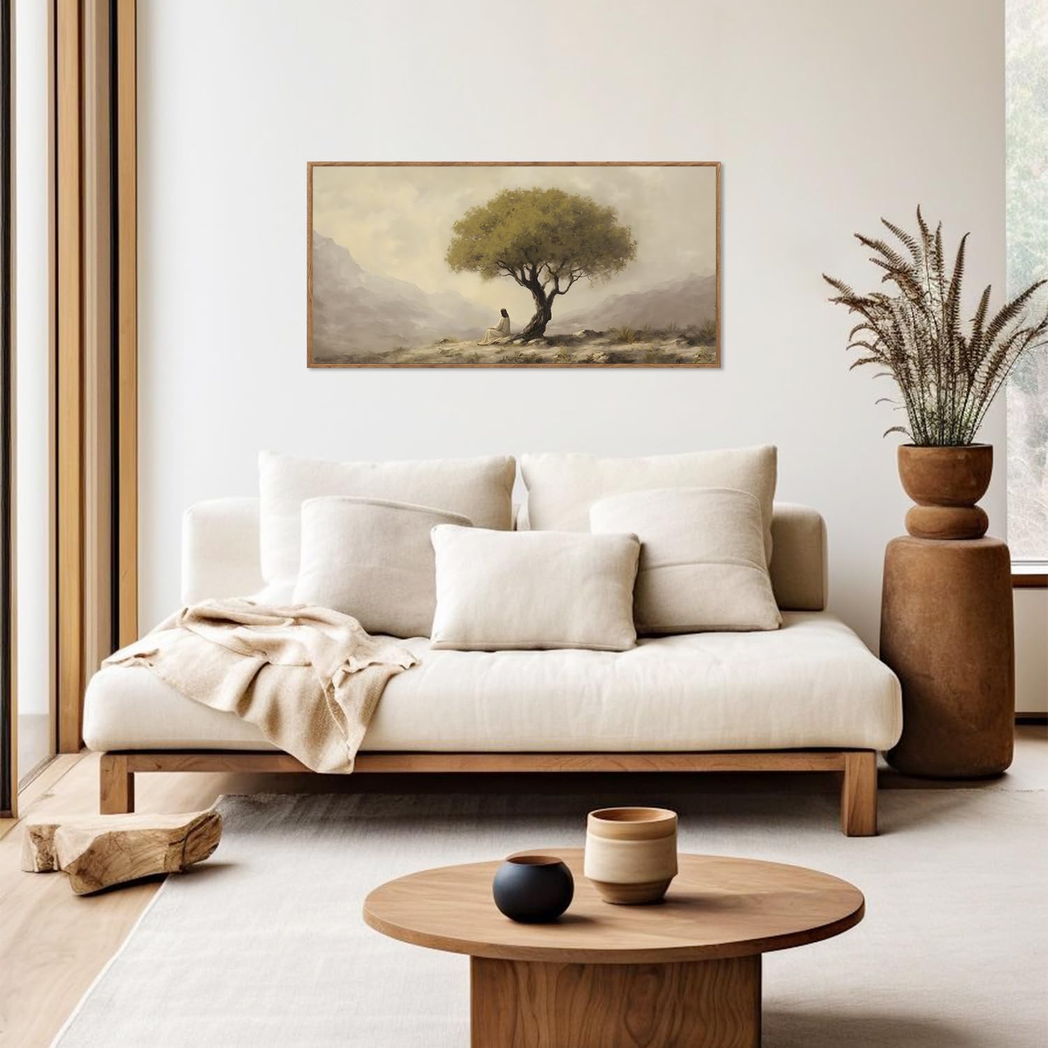 HLNIUC Jesus Sitting Under Olive Tree Canvas Wall Art,Religious Christian Horizontal Wall Decor,Easter God Bible Story Framed Artwork(40x20),Vintage Garden of Gethsemane Prints for Church,Living Room