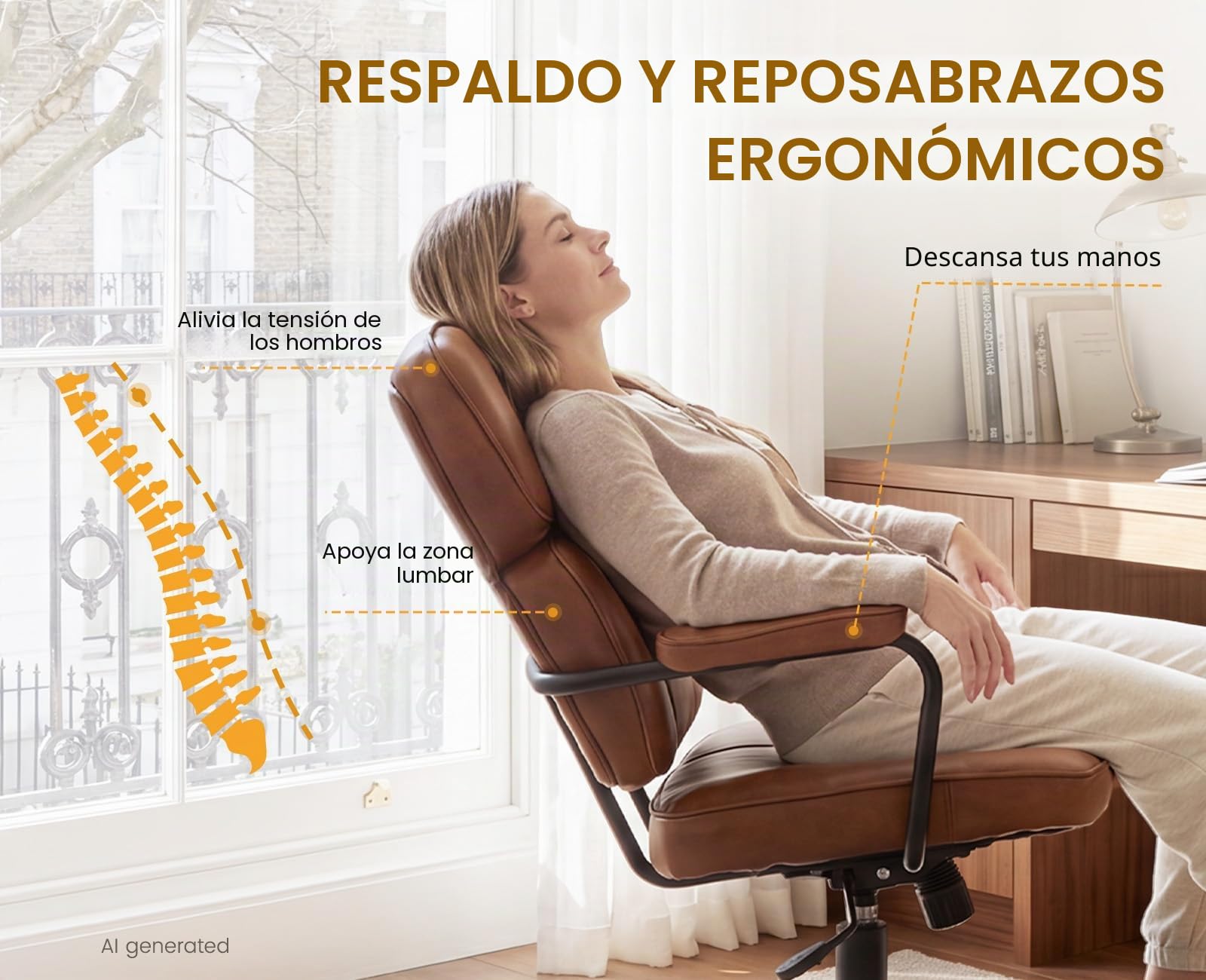 Ya-Home Silla Oficina Silla Escritorio Ergonómico con Ruedas,Marrón | PU Cuero, Respaldo y Altura Ajustable, Ruedas, FACIL DE LIMPIAR, para Estudio/Oficina, MAX 136KG