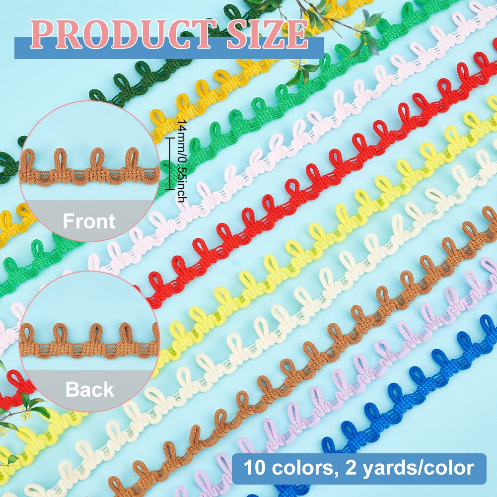 BENECREAT 20 Yards 10 Colors Petite Braid Trim with Elastic Button Loop, Buttonhole Tassel Fringe Lace Trim for Wedding Costume DIY Crafts Jewelry Home Decor, 2 Yards/Color