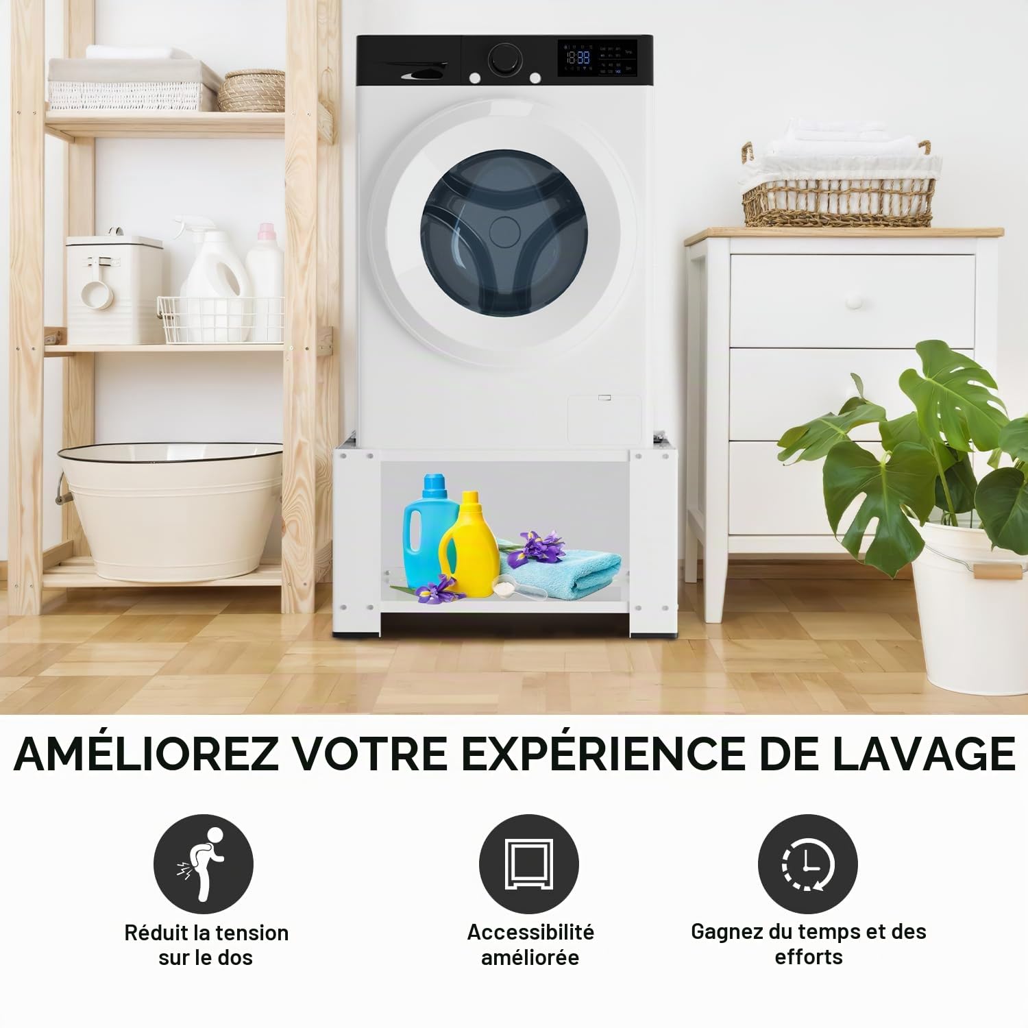 Fiqops Support de machine à laver avec étagère jusqu'à 150 kg, meuble bas pour machine à laver, socle stable pour sèche-linge, réfrigérateur, 60,6 x 60,6 x 40 cm, blanc