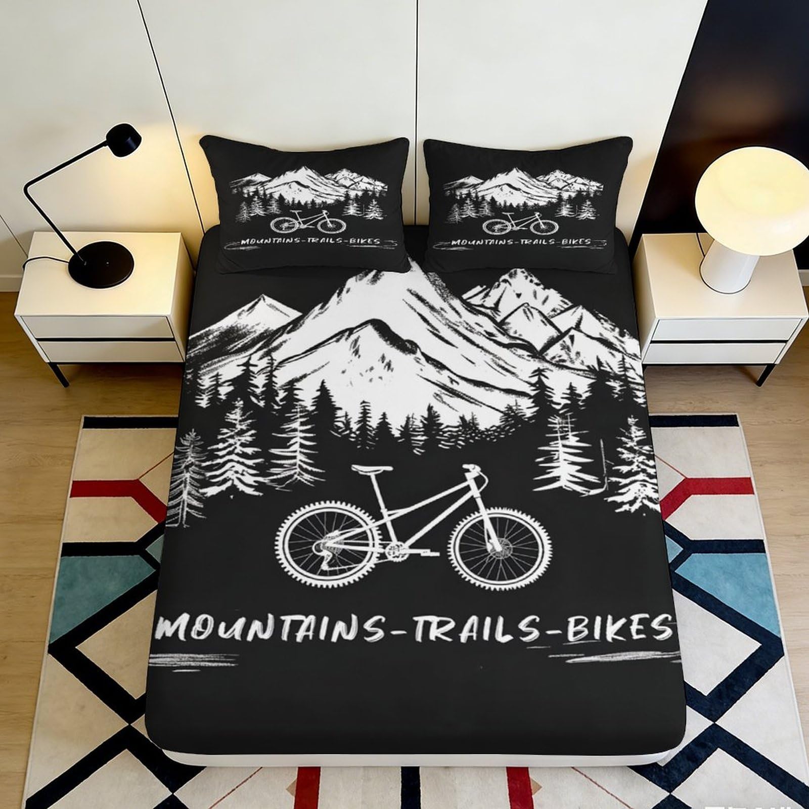 Jqzkxnhpbr Style-9 3D Printed Mountain Bike Trails Fitted Sheet Microfiber Black Scenic Forest Bed Cover For Bedroom Guestroom Decor 90X200x25cm