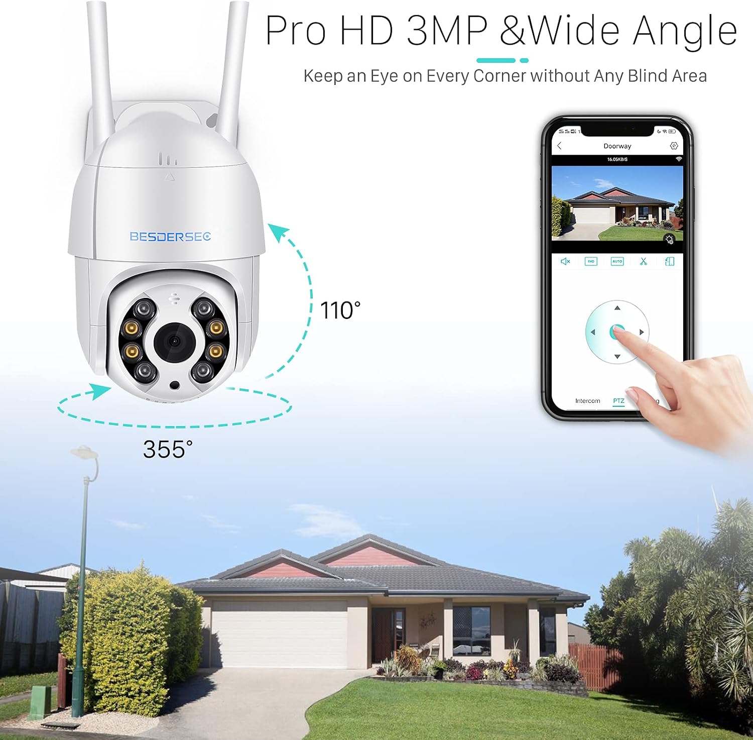 BESDERSEC Security Camera showing 355 degree pan and 110 degree wide angle view
