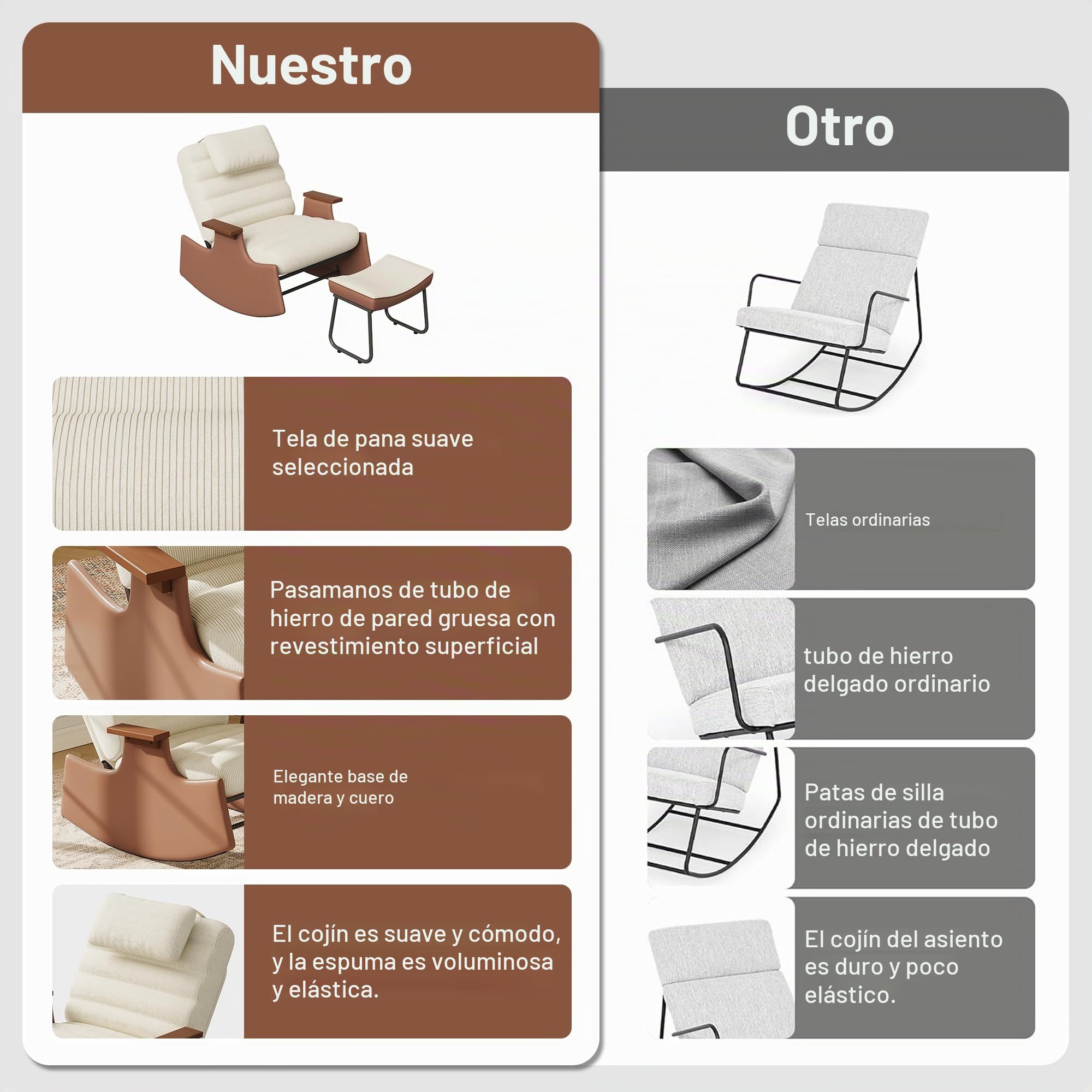 Silla mecedora de respaldo alto con reposapiés, sillón relax con reposabrazos y base de madera y piel, silla de lactancia, mecedora con reposacabezas, Lounge Chair para salón, dormitorio, balcón