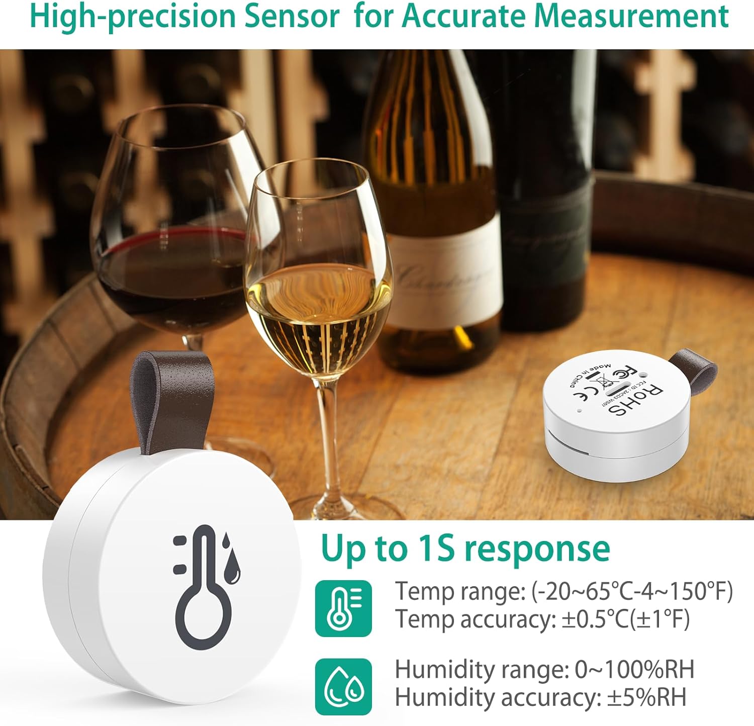Close-up of the ORIA sensor with wine glasses in the background, highlighting its high-precision measurement capabilities.