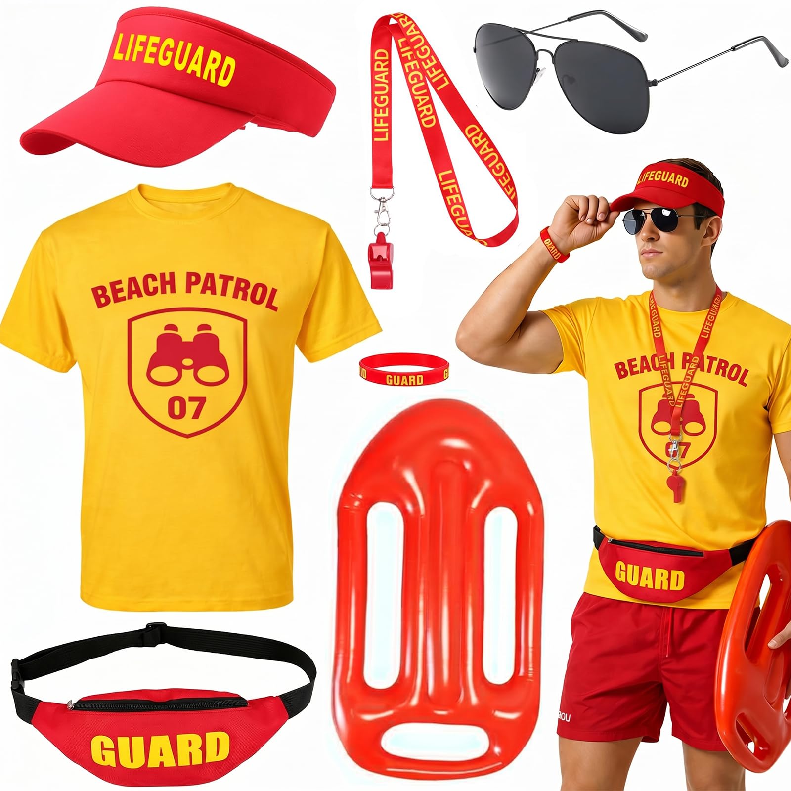 iSharely 7Pcs Lifeguard Costume Accessories Set, Life Guard Outfit Kit with T-Shirt Fanny Pack Hat Whistle Sunglasses Inflatable Float Prop Wristband for Men Women Pool Beach Party (L, Binoculars)
