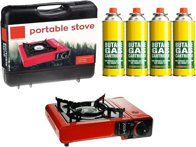 Vivo Camping Gas Stove with Hard Case and 4 Gas Can Cylinders Emergency Gas Shortage Kit for the Home or Outdoors