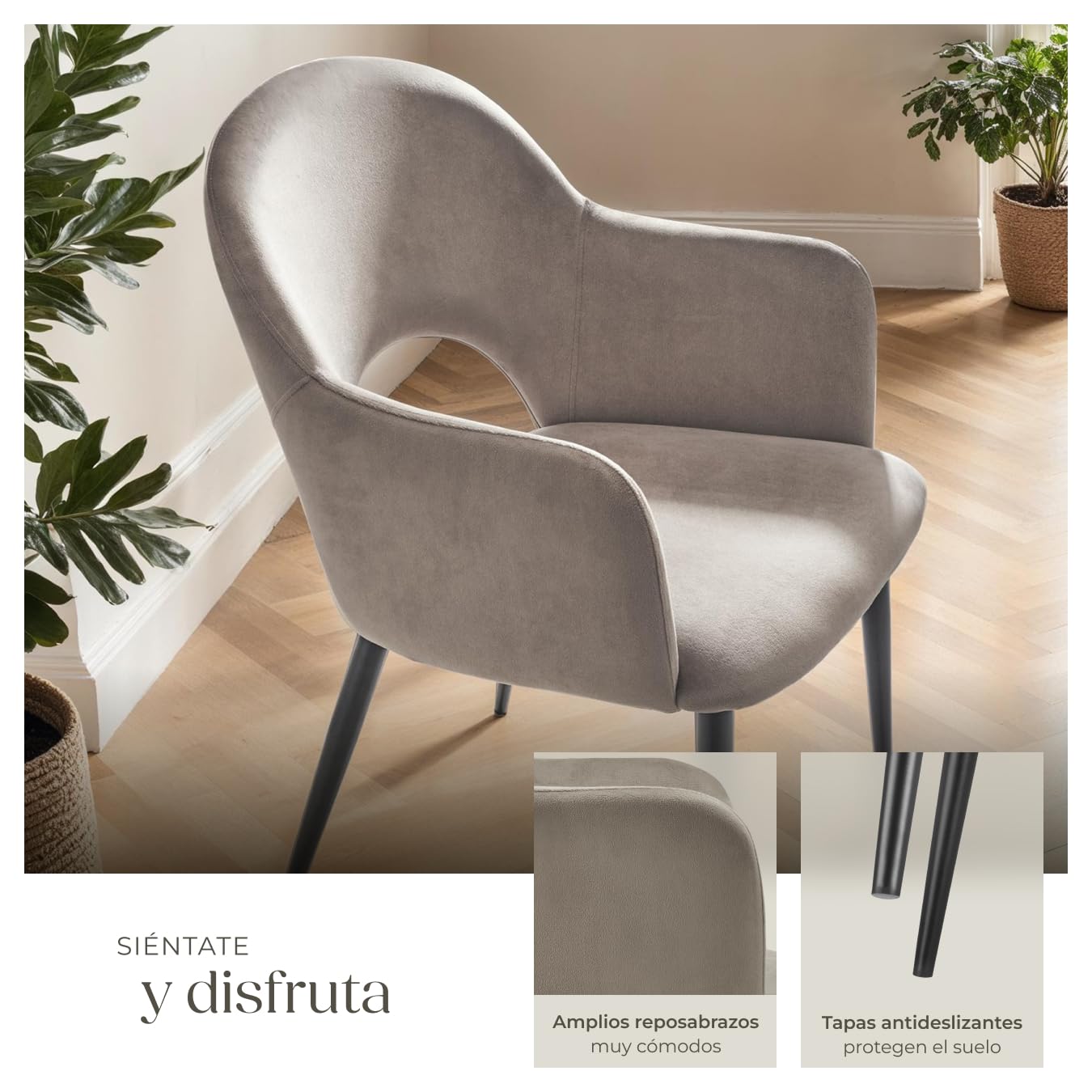 tectake® sillas de Comedor Elegantes, Terciopelo, Silla Comedor nordica, Silla de Cocina Acolchada con reposabrazos, sillas Comedor Modernas con Patas de Acero Antideslizantes - 4 Sillas Gris Topo