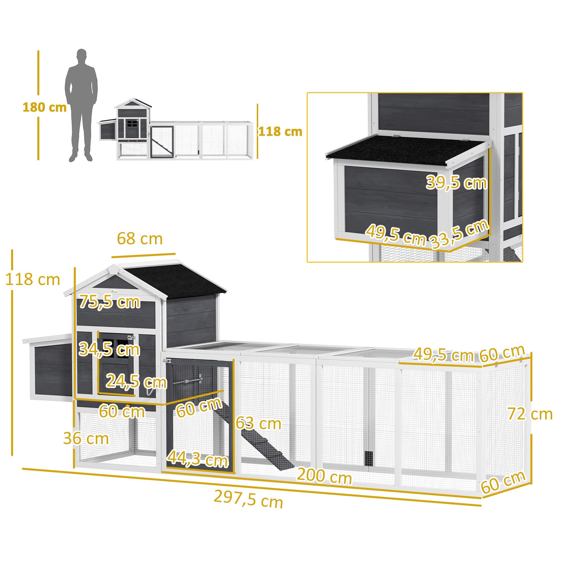 PawHut Gallinero Exterior Madera Grande 297,5x68x118 cm para 3-6 Gallinas con Nido Corral Bandeja Extraíble Techo Asfáltico Gris Blanco