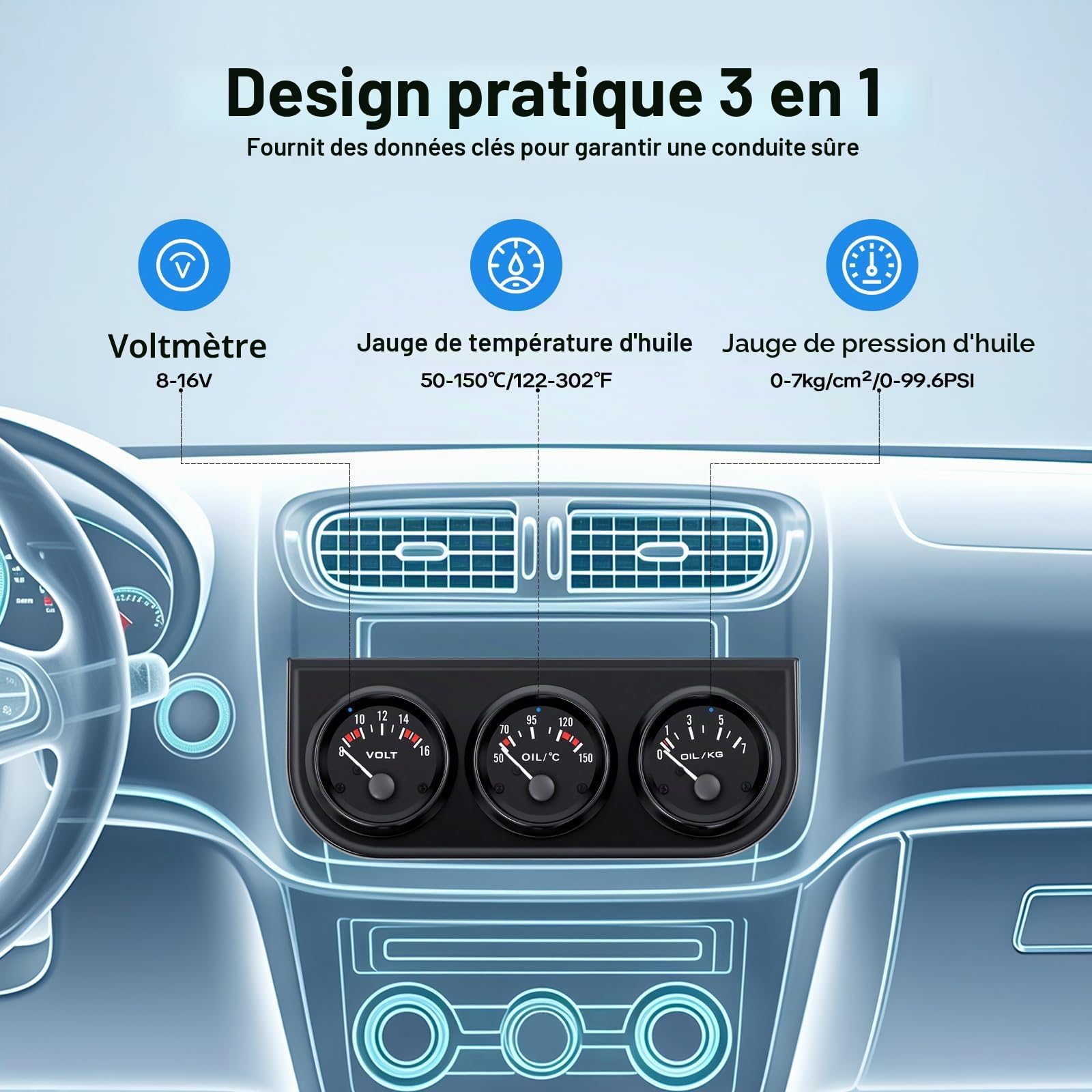 Instrument supplémentaire - Affichage de la température de l'huile 3 en 1 - Température de l'huile + pression d'huile + indicateur de voltmètre - Voltmètre - Instruments supplémentaires - Noir - 52 mm