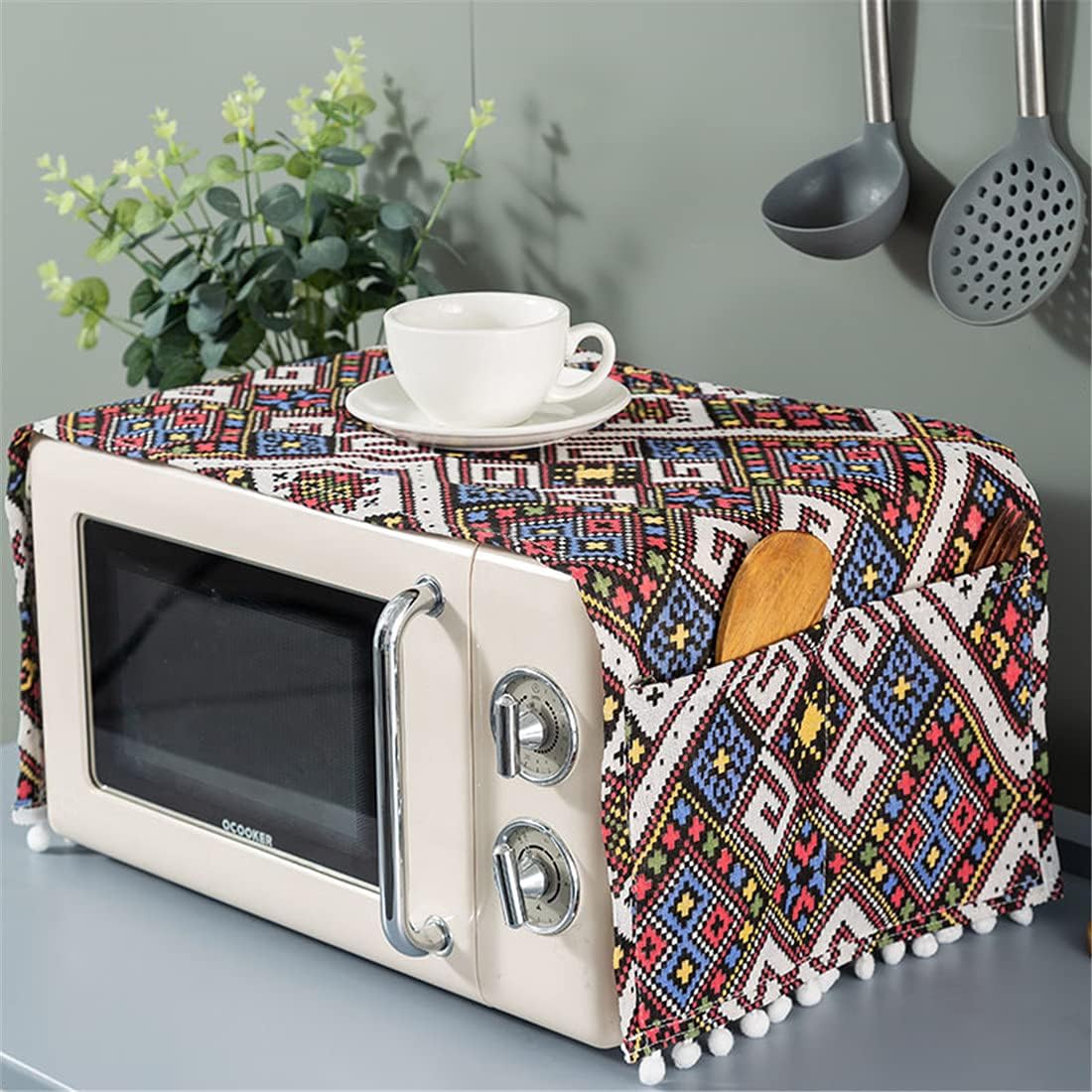 Mvchifay Microwave Oven Cover Dustproof Cotton Machine Protector Decorative Kitchen Appliance Cover with Side Storage Pockets 11.8x35.4inches (Mvti-Color Grids)