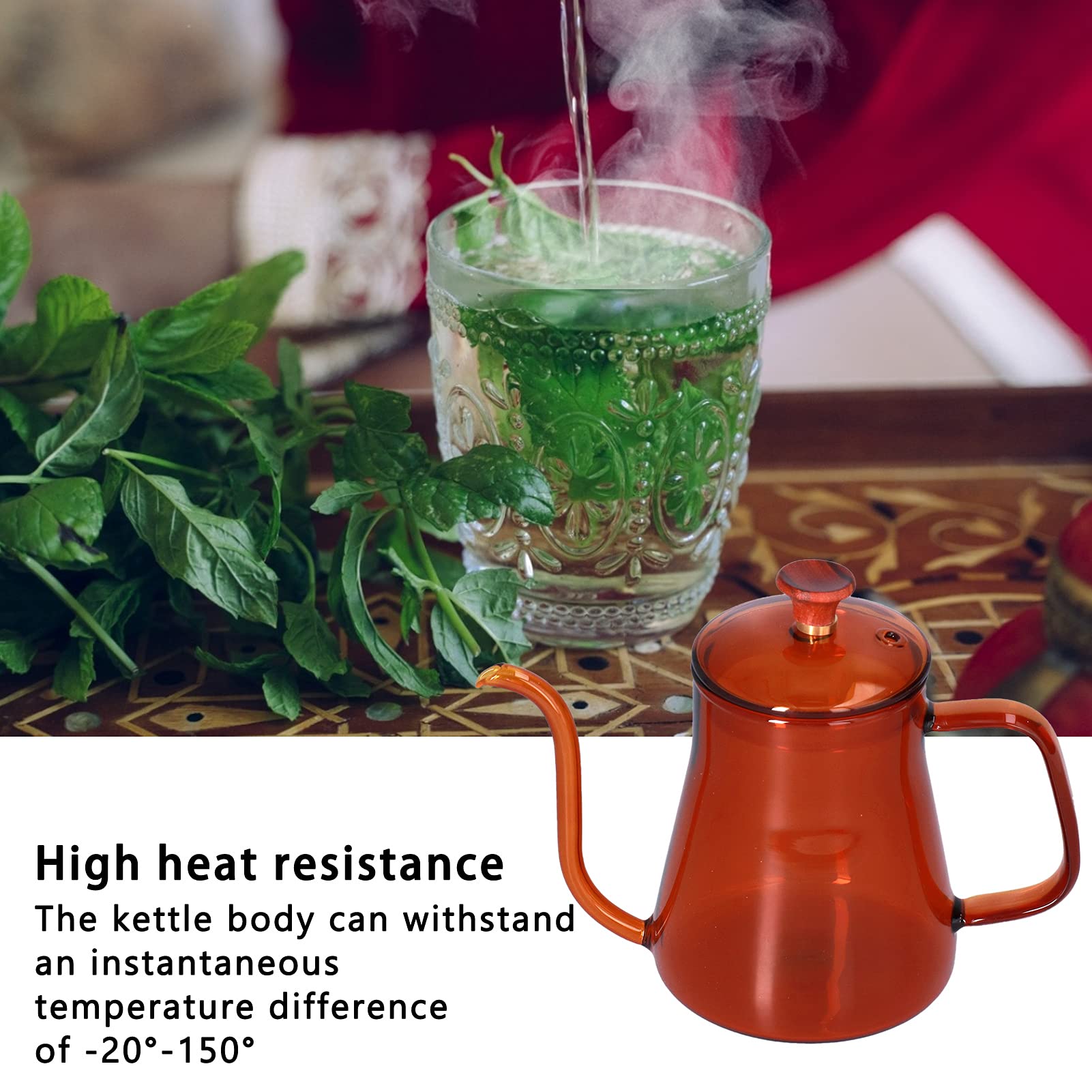 Bollitore Hapvida con Beccuccio Lungo, Caffettiera a Collo di Cigno in Vetro Borosilicato 1000ml Resistente al Calore per Caffè e Tè (Marrone)