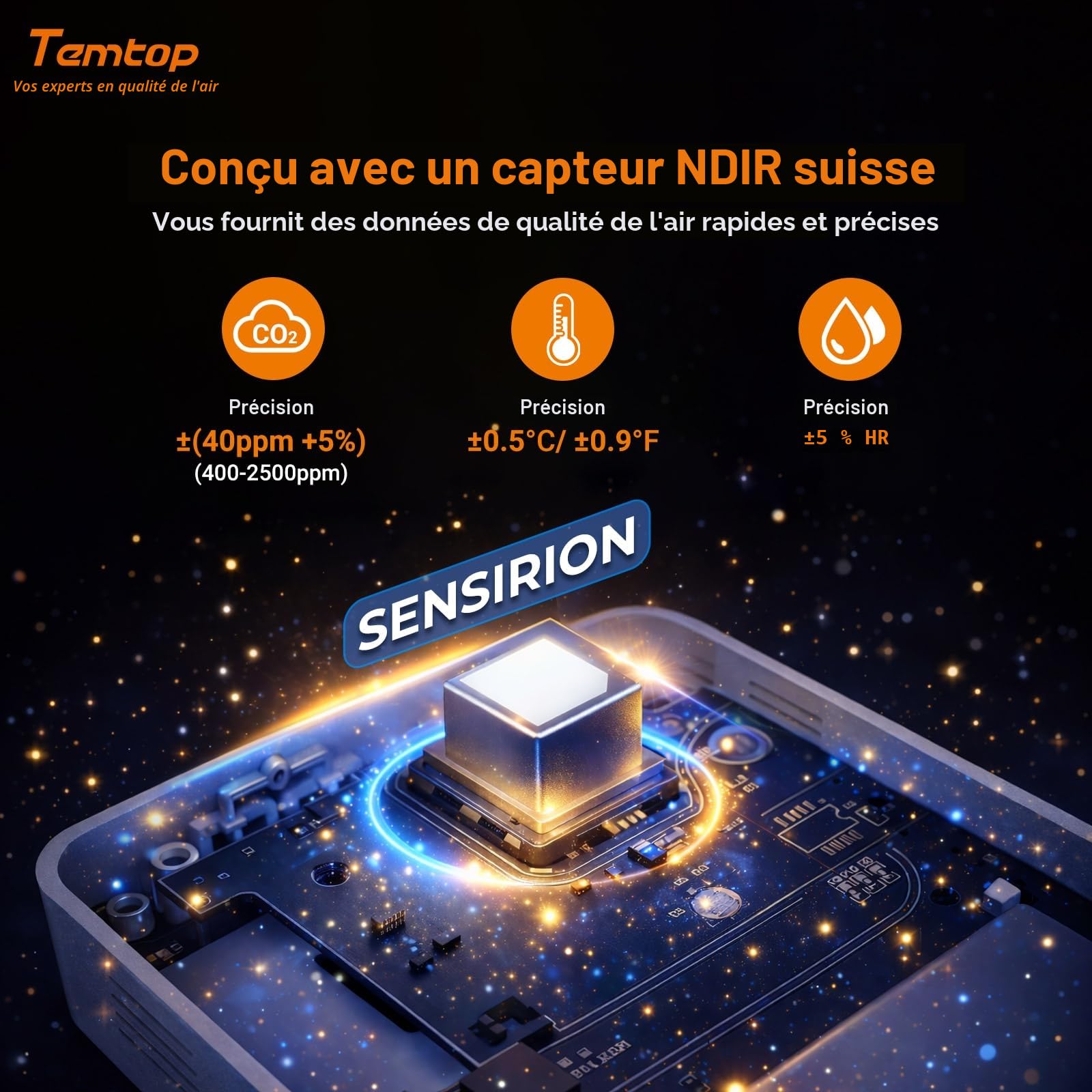 Temtop Moniteur de CO2 Dioxyde de Carbone Moniteur de Qualité de l'air Intérieur Portable, Capteur Mesure CO2 Température Humidité Temps pour Maison Bureau Ecole