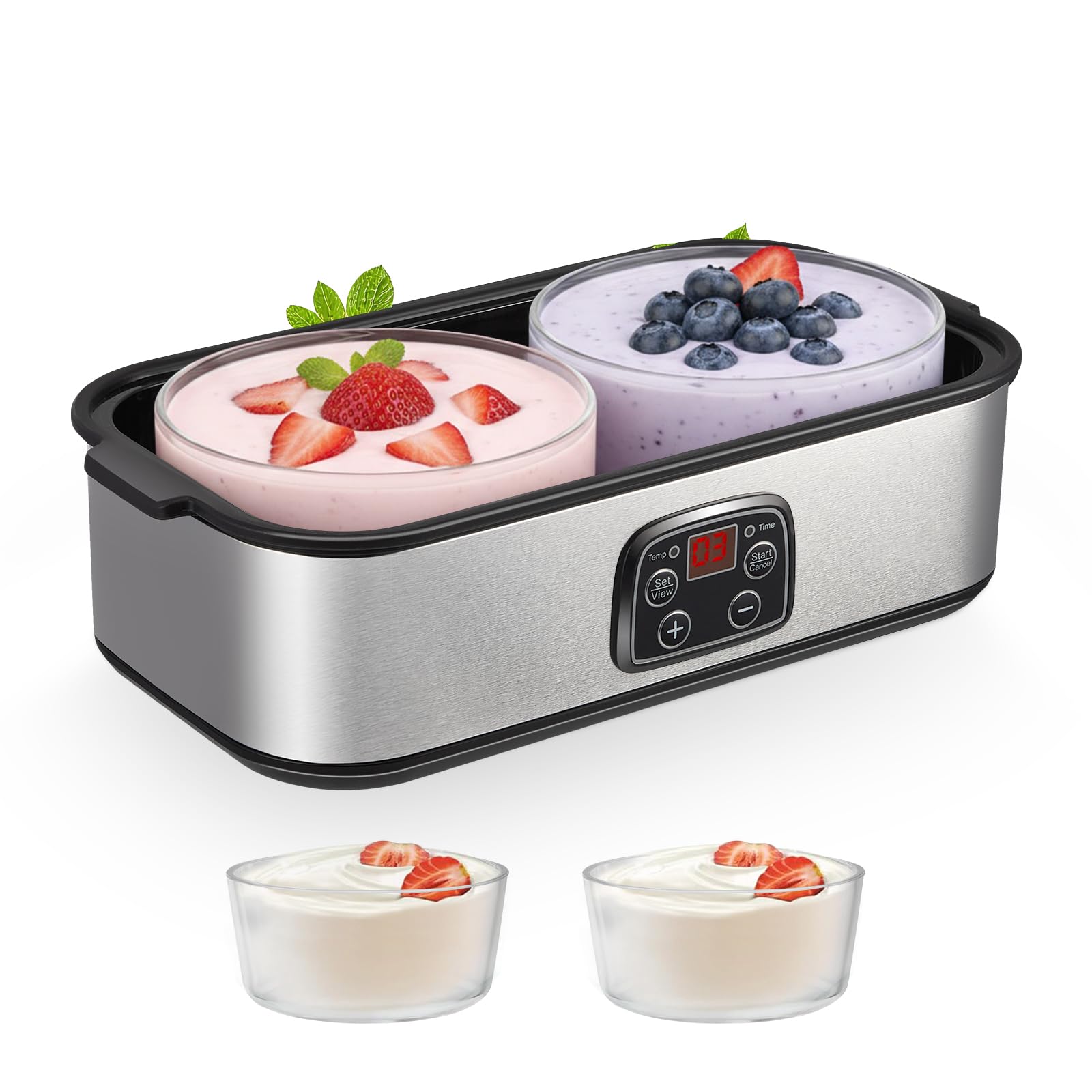 2000ml Yogurt Maker with 2 x 1000ml Glass Jars, LED Display, Adjustable Temp & Timer, Electric Yoghurt Maker Machine for Making Organic Yogurt, Natto, Healthy Homemade Desserts