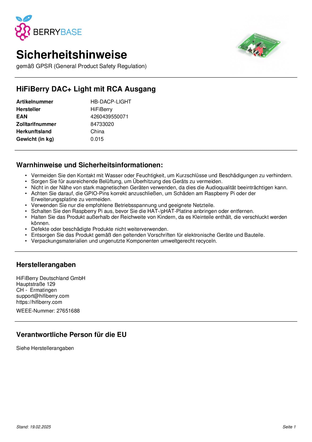 HiFiBerry DAC+ Light Controller Card - High Resolution Digital-Analog Sound Card for Raspberry Pi