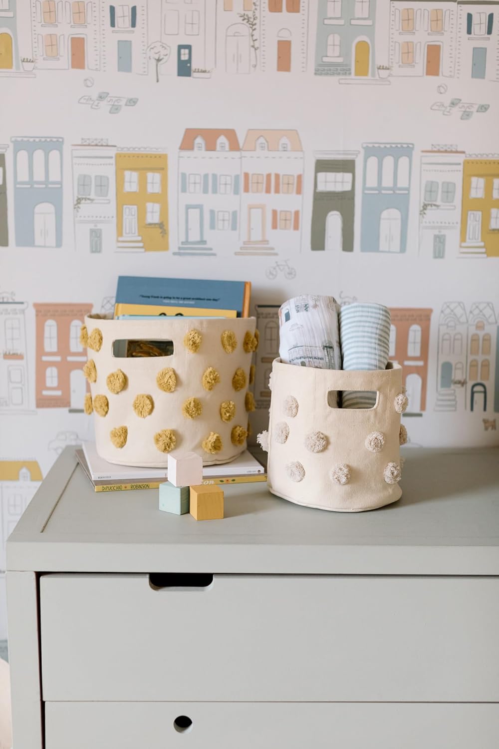 Pehr Pom Pom Basket, Mini (Grey) | 100% Cotton Canvas Storage for Nursery, Playroom & Home | Decorative Organizer | 8”D x 7”H