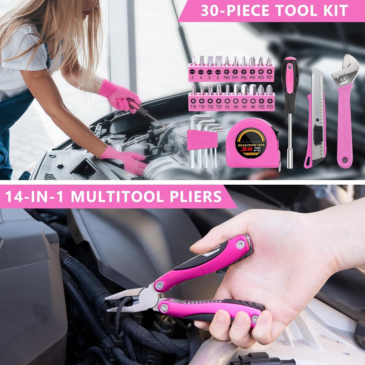 Car Emergency Kit with Portable Air Compressor - Roadside Assistance Emergency Kit, Winter Trave Assistance, Safety Emergency Kit for Cars, Trucks (Pink)