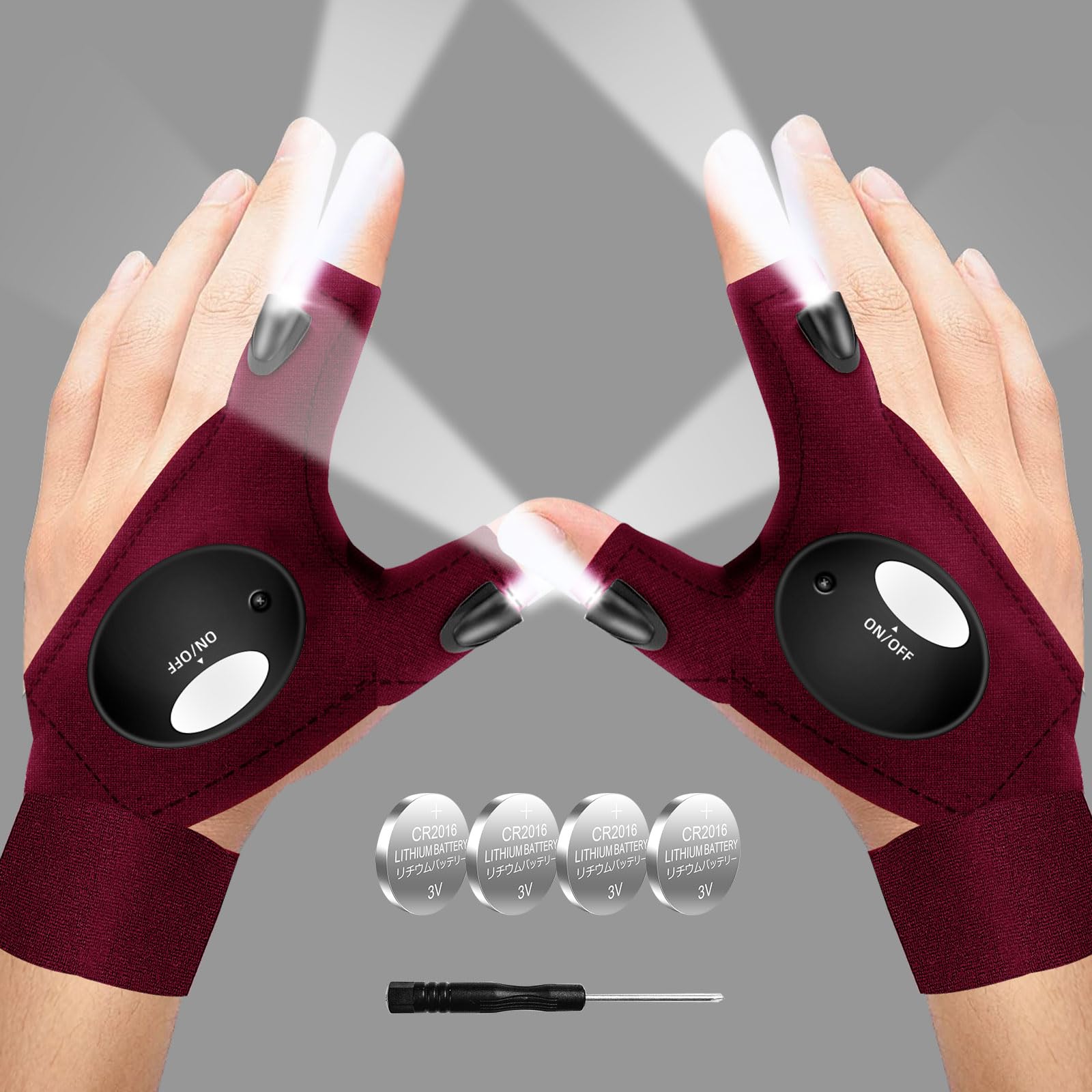 MOIPEJO LED Flashlight Gloves, Gifts for Men Dad Him Boyfriend Husband, Cool Gadget Hands-Free Finger Lights for Camping Fishing Repairing, Fathers Day Christmas Birthday Gift-Wine Red
